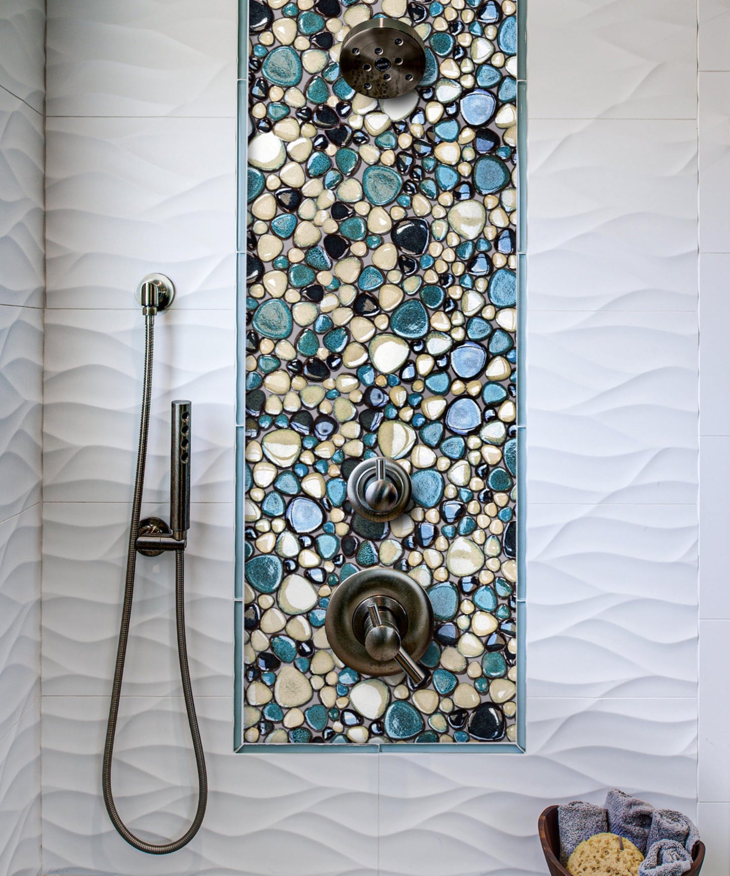 Primoon Pebble Tiles 5 Sheets, Aqua Teal Blue Mosaic Tiles for Accent Wall Backsplash, Pebble Tile for Bathroom Shower Floor
