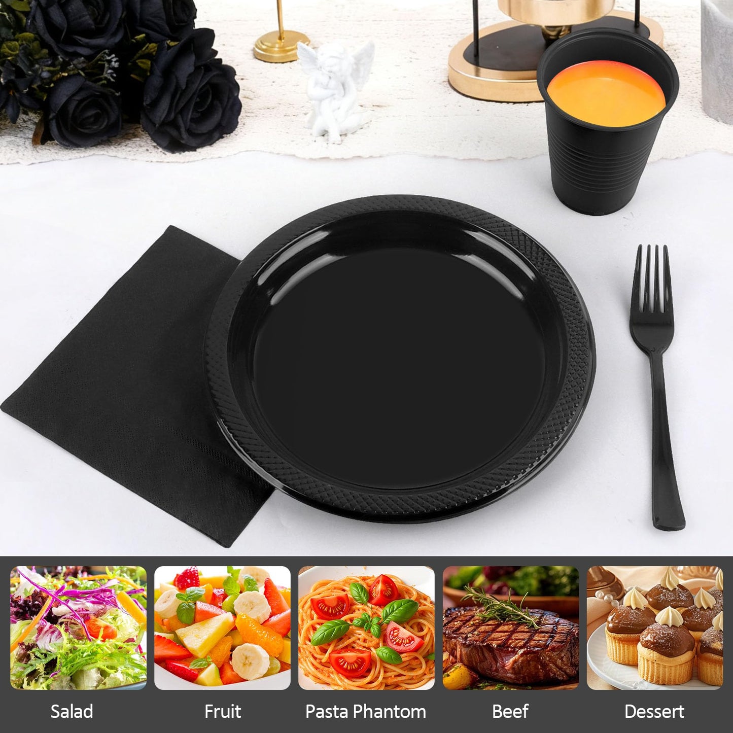200pcs Black Plastic Party Plates Set, Disposable Black Plates and Napkins for Party, 50 Of Each 9" Dinner Plate, Napkins, Cups & Cutlery Plastic Dinnerware for Retirement, Graduation, Birthday, BBQ