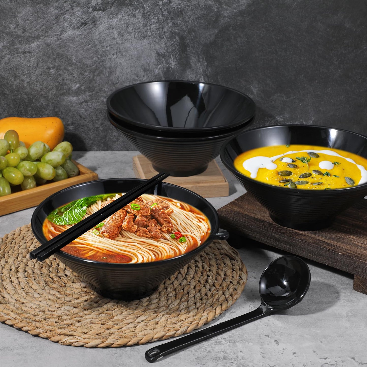 Set of 4 Ramen Bowl Set, Melamine Large Japanese Style Noodle Soup Bowls with Spoons and Chopsticks for Ramen, Pho, Noodles, Asian Dishes Black,Large Bowl for Adults| Dishwasher Safe (Black 8.7in)