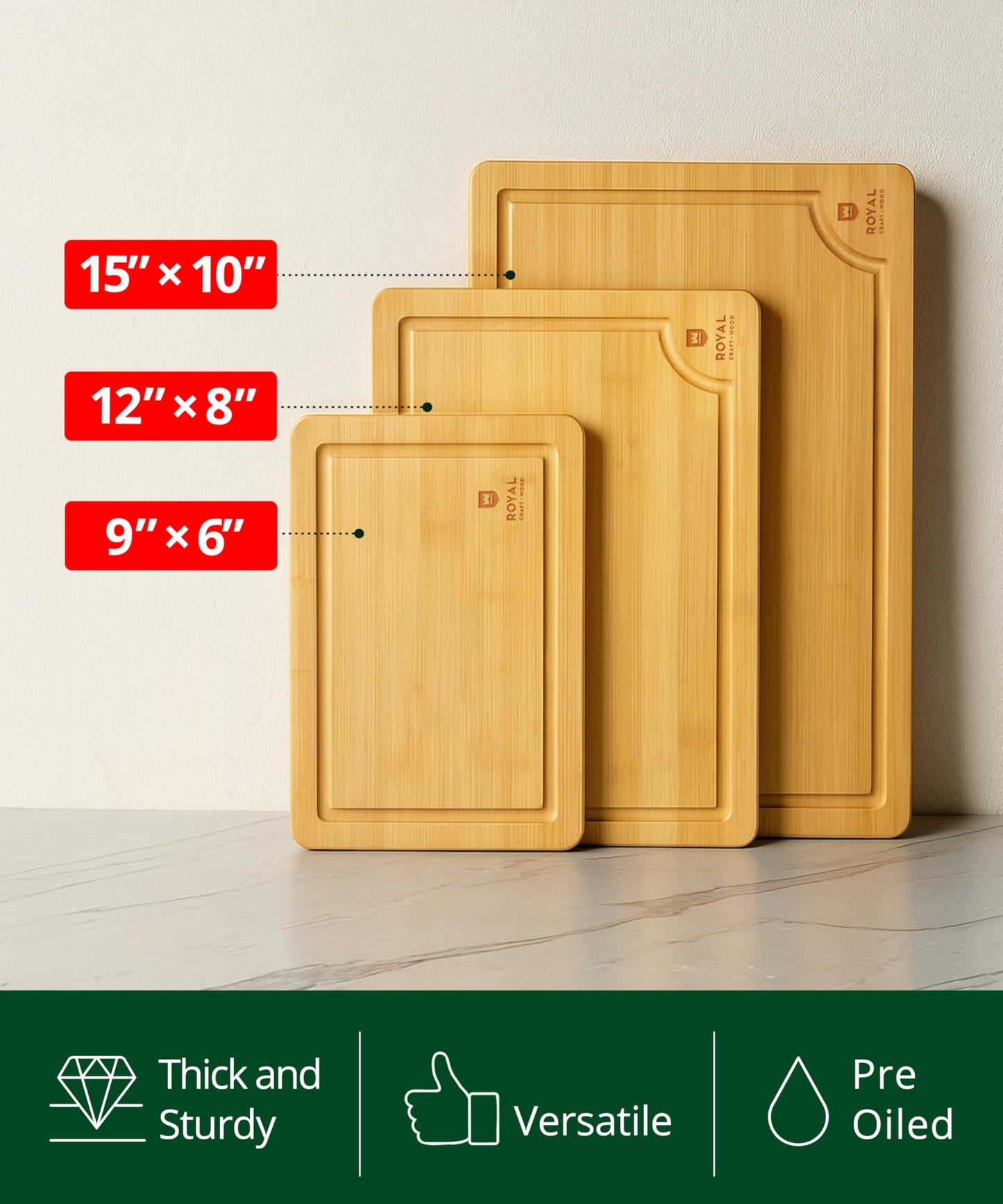 ROYAL CRAFT WOOD Wooden Cutting Boards for Kitchen Meal Prep & Serving - Bamboo Wood Serving Board Set with Deep Juice Groove Side Handles - Charcuterie & Chopping Butcher Block for Meat