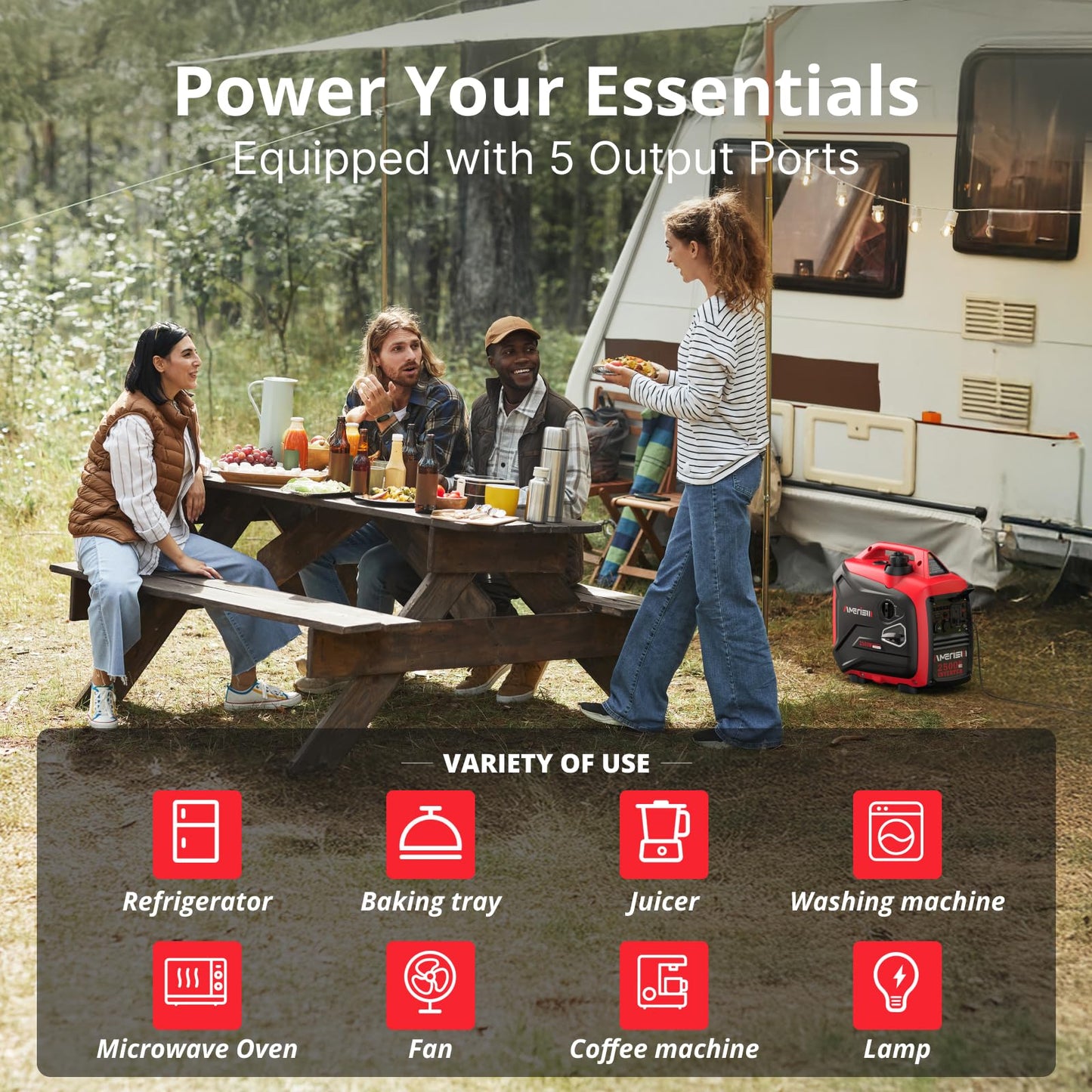 AMERISUN 2500-Watt Gas Powered Portable Inverter Generator for Home Use - Super Quiet Lightweight for RV and Camping, CO Sensor, Outdoor and Home Backup, Long Run Time