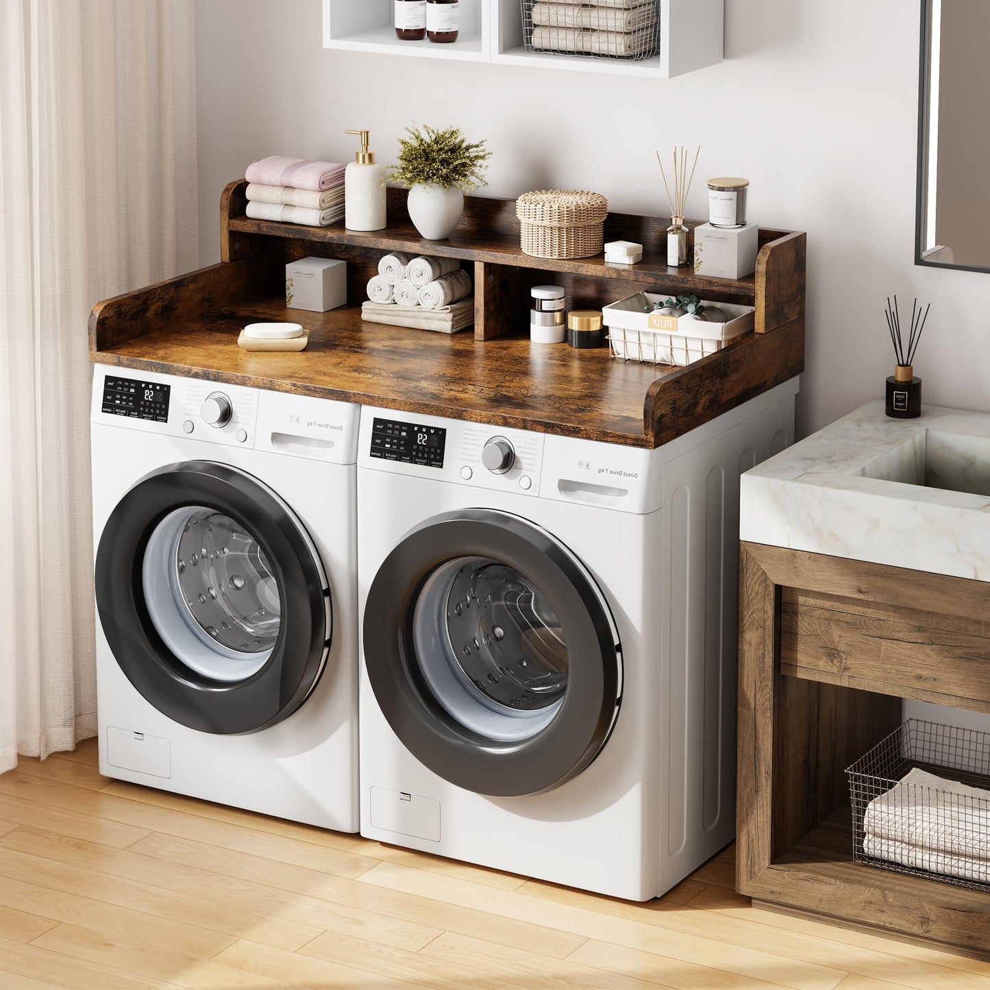 IDEALHOUSE 2-Tier Washer and Dryer Countertop with Shelf or Drawers, Laundry Countertop Cover with Non-Slip Pad, 54"X27.5" Laundry Topper for Folding Clothes Over Washer and Dryer-White