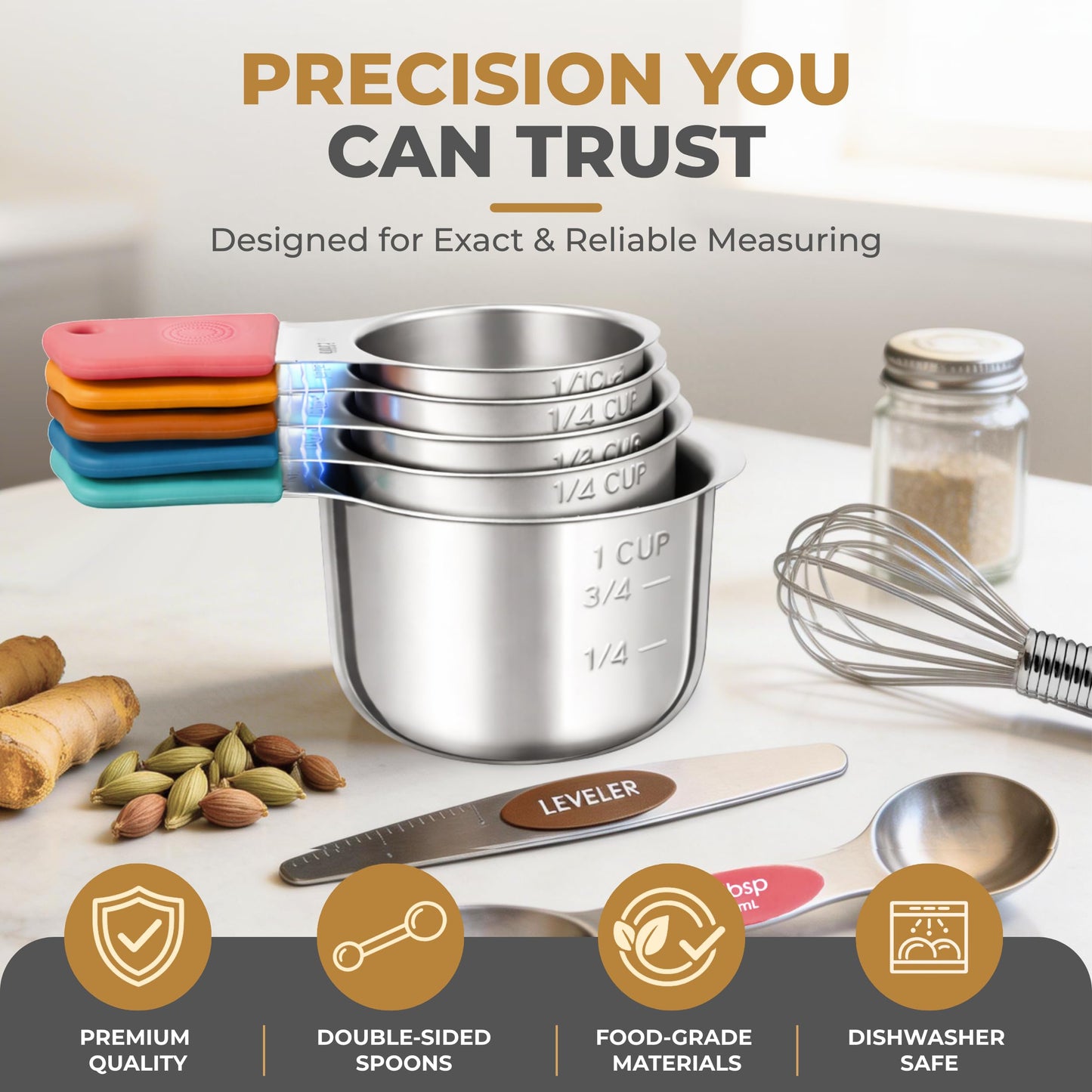 Magnetic Measuring Cups and Spoons Set, 13 Piece 304 Heavy Duty Stainless Steel with Leveler, Mini Whisk & Conversion Chart, Stackable Nesting Design, Double Sided Spoons for Dry & Liquid Ingredients