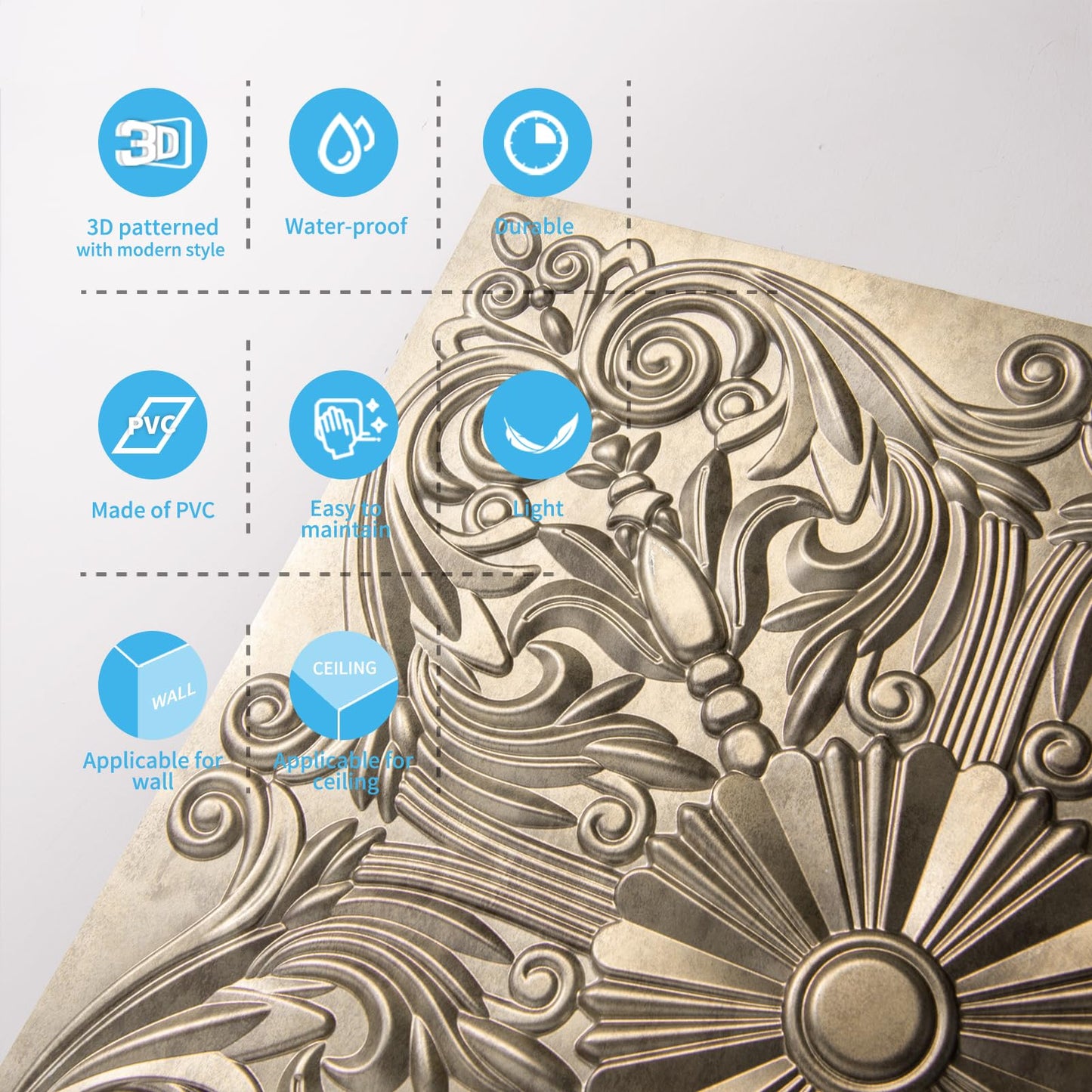 Art3d Decorative Ceiling Tile 2x2 Glue up, Lay in Ceiling Tile 24x24 Pack of 12pcs Spanish Floral in Antique Gold