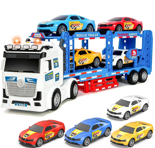 DOWELLIN Carrier Truck Race Car Toys for 3 4 5 6 7 Years Kids, 21.5" Friction Powered Double Layer Semi Transport Truck Toy with 4 Racing Cars, Lights&Sounds Vehical Toys, Xmas Gift for Boy Girl-Blue