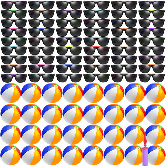 Oleitodh 72 Pcs Sunglasses Beach Balls Party Favors 12 Inch Inflatable Pool Beach Balls Bulk for Kids Adults Rainbow Pool Balls Park Backyard Summer Water Fun Birthday Parties Supplies