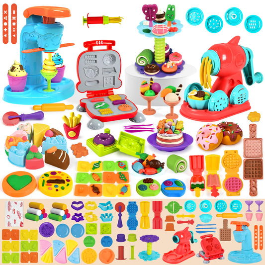 Aprilwolf 75 PCS 4 in 1 Dough Sets for Kids Ages 3-4-8, Art Crafts Dough Tools Kit, Ice Cream Playset Noodle Hamburger Maker Machine Dessert Rack, Kitchen Creations Food Play Toys Toddlers Boys Girls