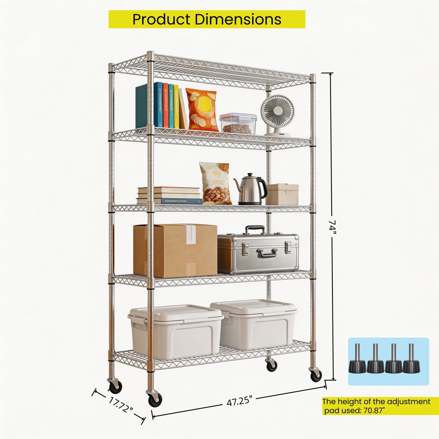Heavy Duty 5-Tier Wire Rack Shelving Unit, Adjustable Storage Rack with 3" Rubber Wheels, 1750 lbs Capacity, Chrome Standing Shelf for Kitchen, Garage, Warehouse, Office - 47"D x 17.72"W x 74"H