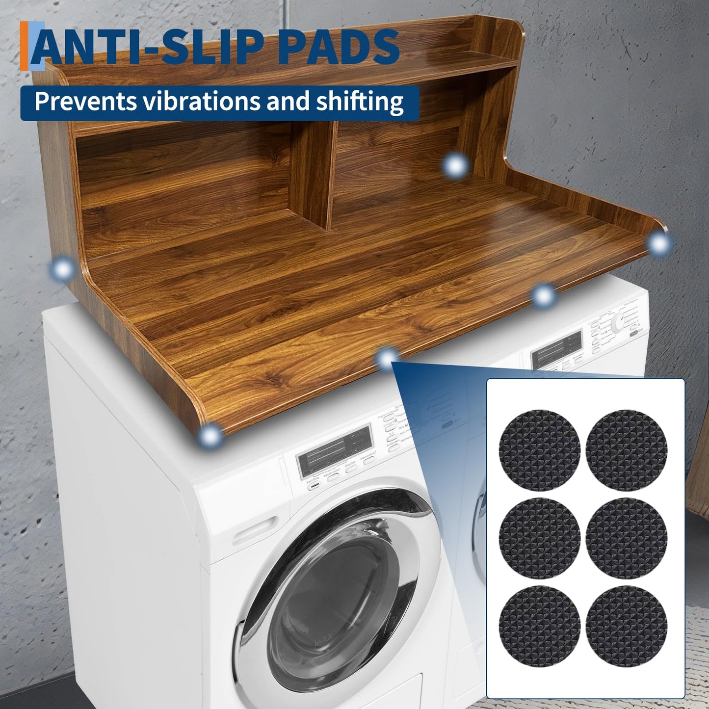 Washer Dryer Countertop with Shelves, 54" x 27.55" 2-Tier Wood Laundry Countertop with 2.75" Edge Rails and Non-Slip Pads, Washer and Dryer Topper for Laundry Room Organization, Walnut Brown