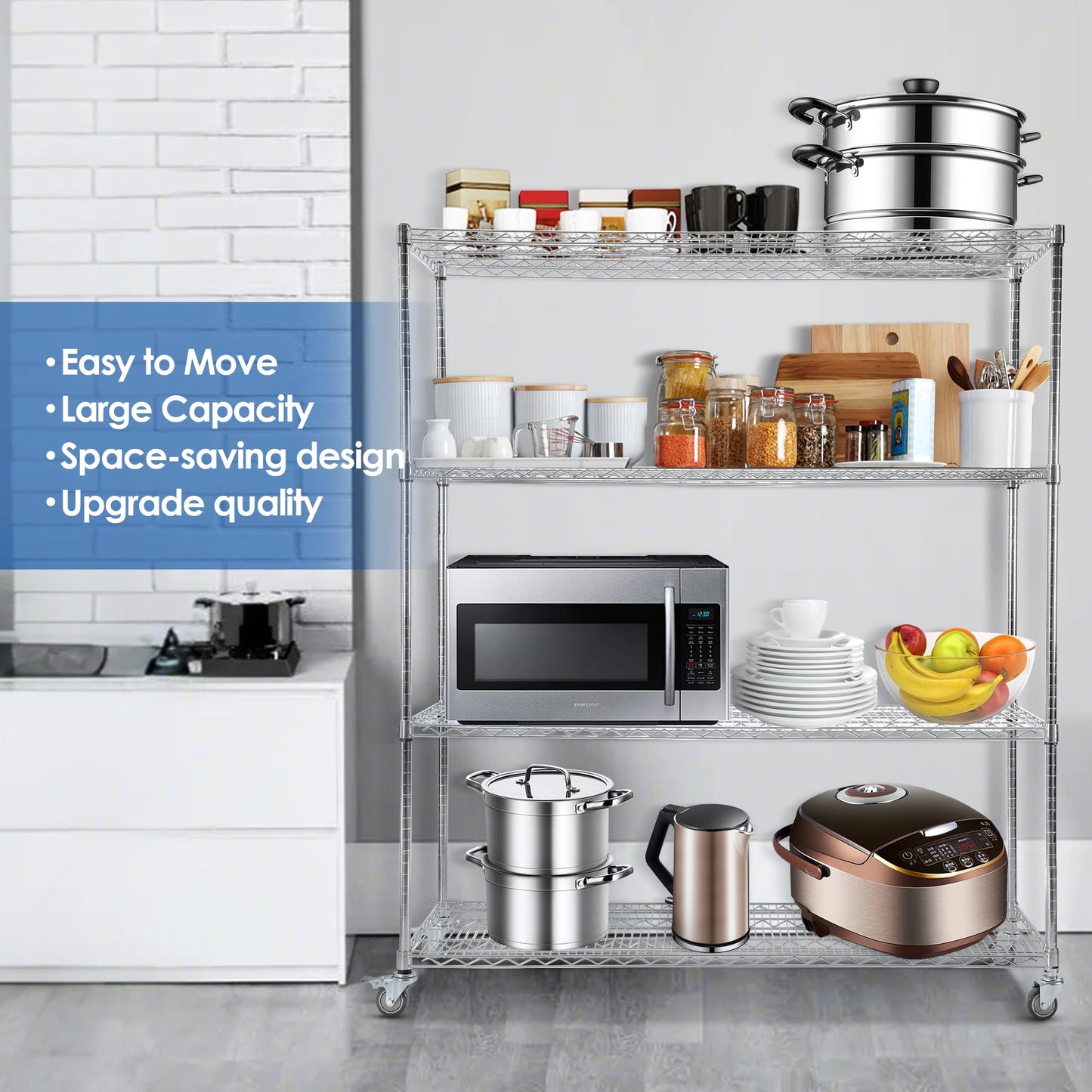 Rengue 60" W Storage Shelves with Wheels 4-Tier Heavy Duty Wire Shelving 72" H x 24" D Large Metal Storage Rack with Adjustable Garage & Pantry Shelves, 3200 LBS Commercial Grade, Chrome, Silver