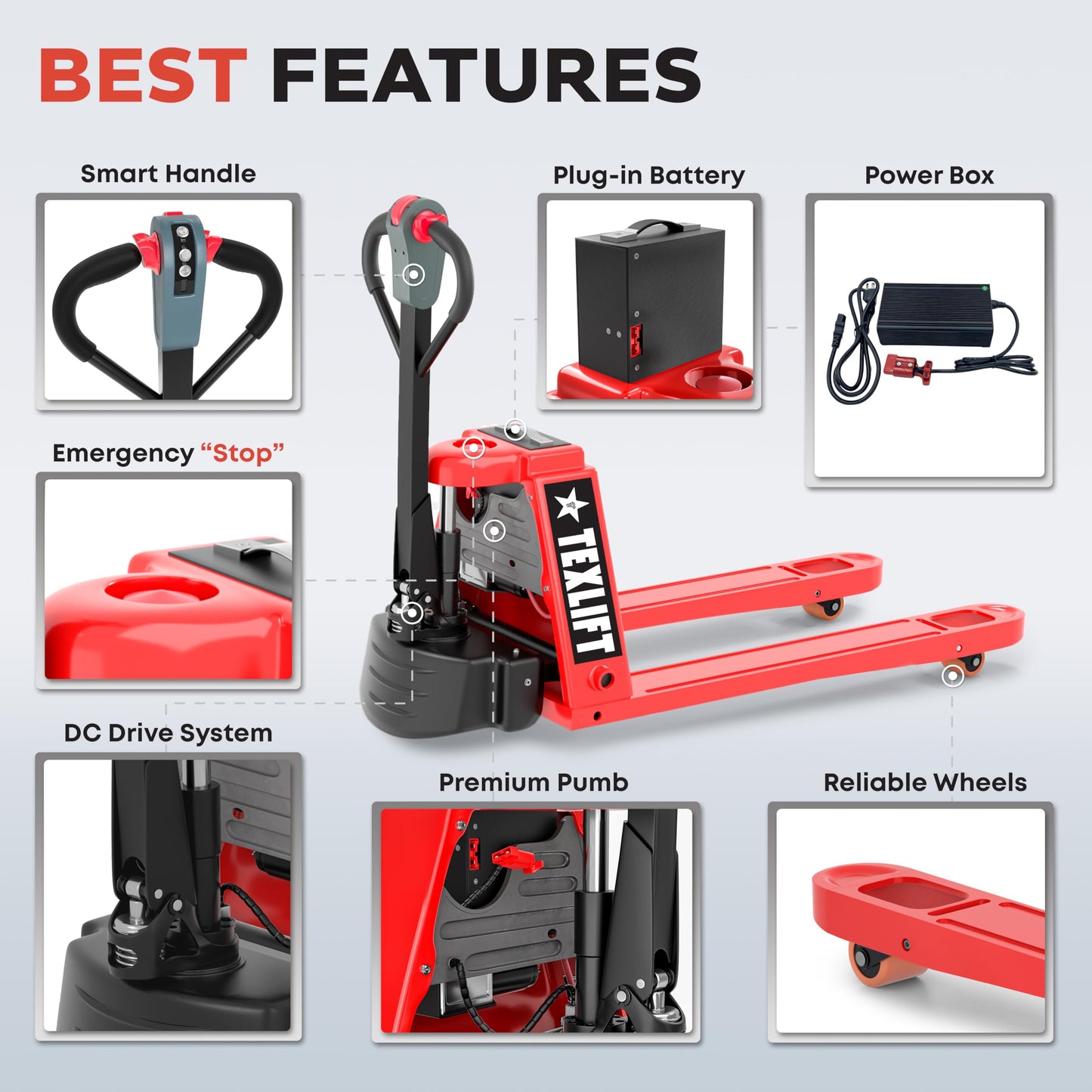 TEXLIFT Full Electric Power Pallet Jack – Standard Duty Pallet Truck 4400 Lb Capacity, 48” L x 27” W Fork Size, Plug-in 48V/15A Lithium Battery – Max Lift Height 7.8 Inch - (US-EPT44K-FE)
