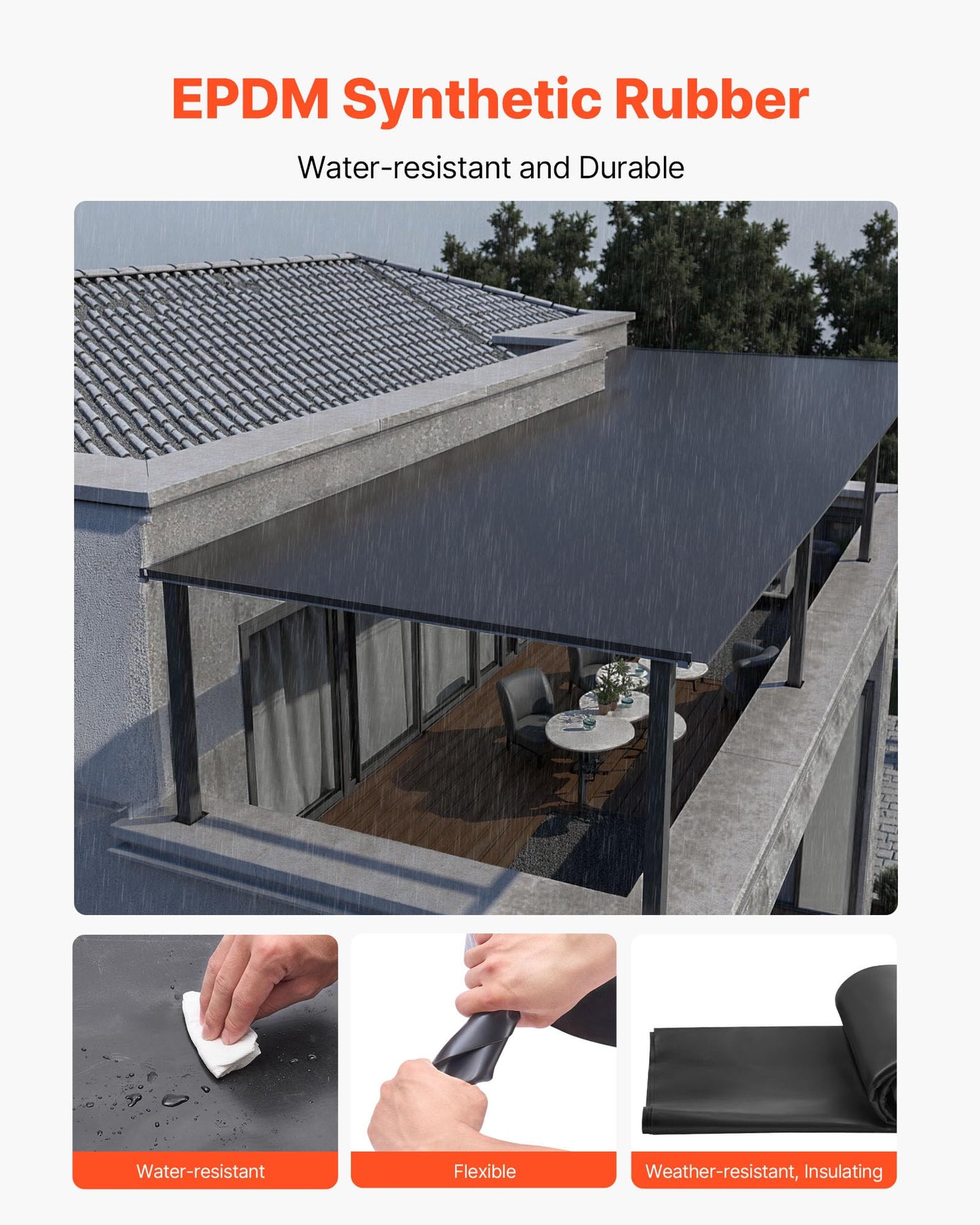 VEVOR Roll Roofing, 15 x 15 ft, 45 mil EPDM Rubber Roofing, Long Lifespan & Weather-Resistant, Withstands Harsh Temperatures, Flexible & Easy Installation, Roof Underlayment for RVs, Roofs, Ponds
