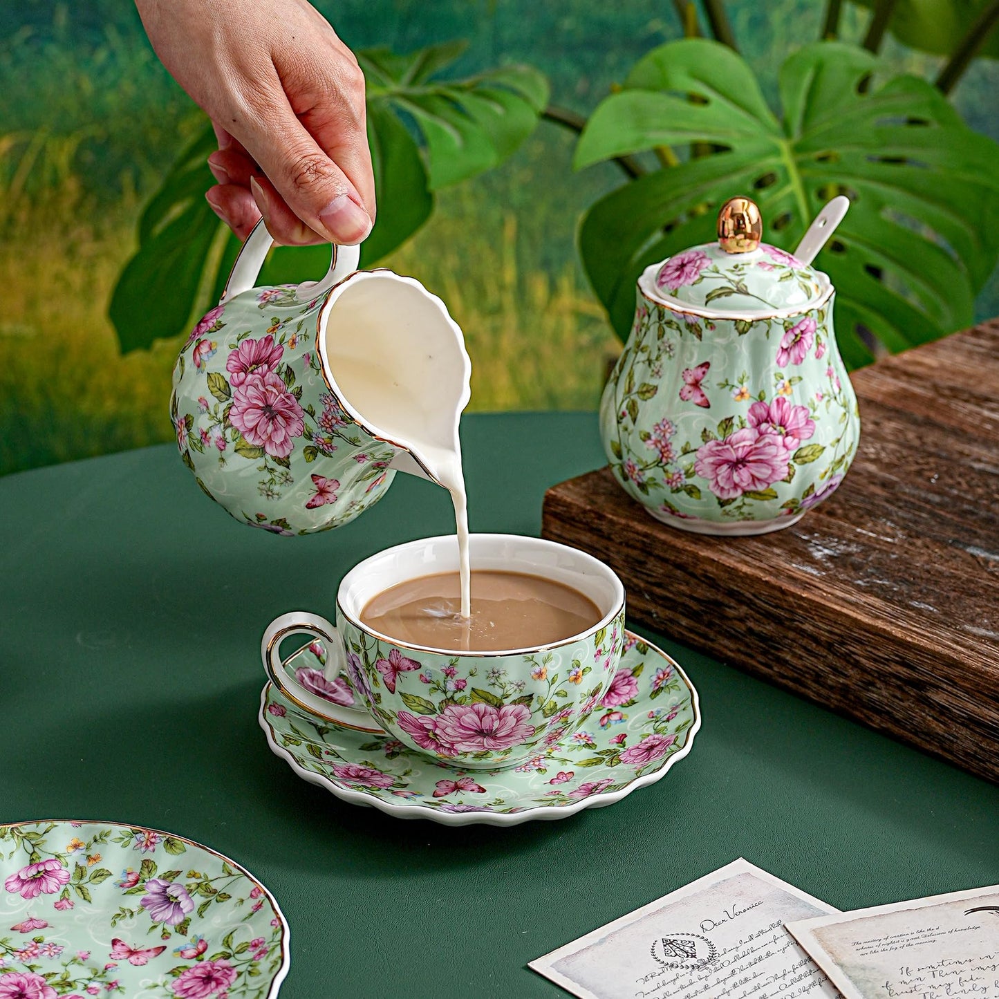 Agyiuns Tea Cup and Saucers, 6.4oz Floral Tea Cups with Gold Trim, Porcelain Teacup, Coffee Cappuccino Espresso Latte Mugs for Party Birthday,Party Cafe Home, Christmas Gift (Green)