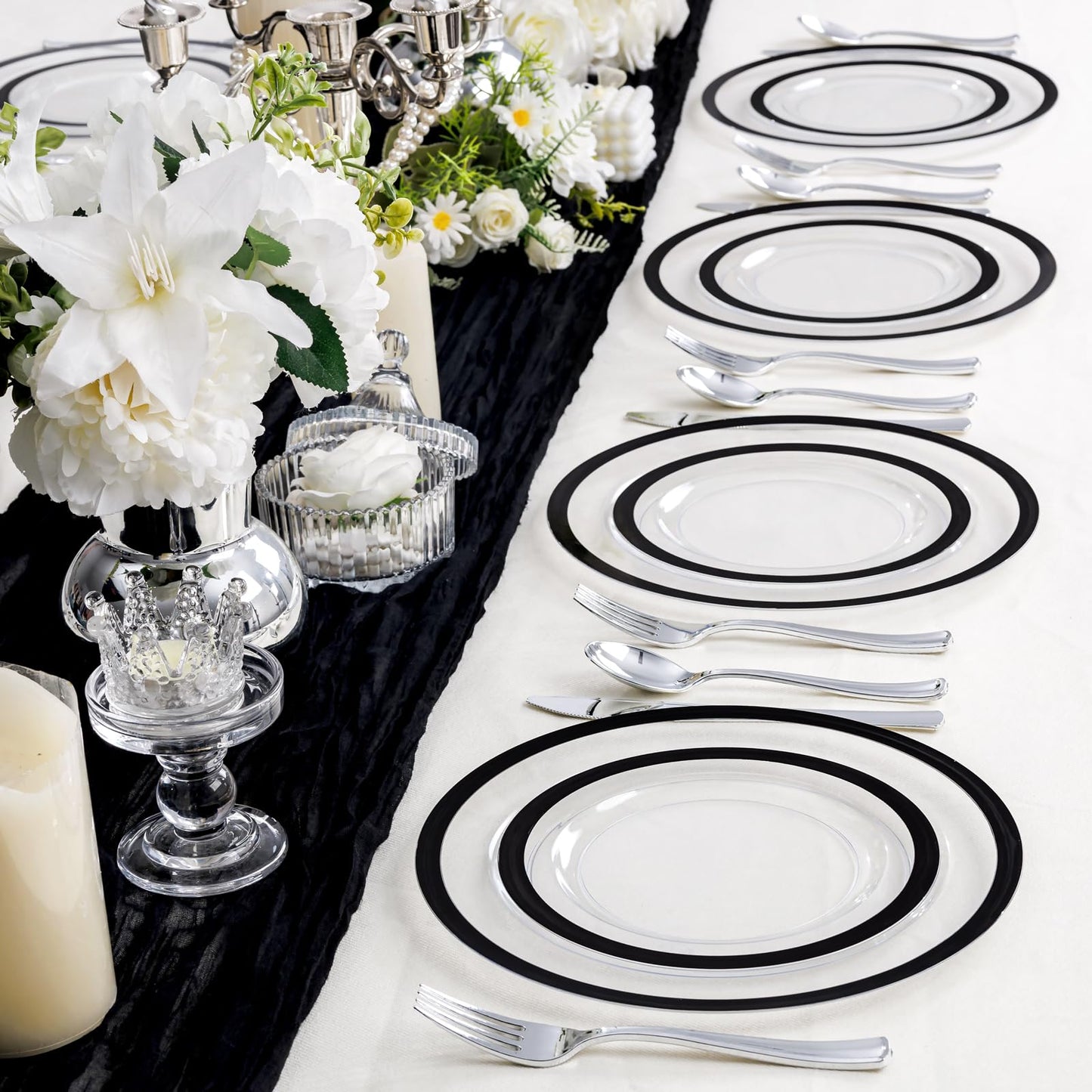 U-QE 120pcs Black Plates Disposable for Party - Clear and Black Plates Disposable Heavy Duty - Fancy Disposable Plates Include 60 10" Dinner and 60 7" Dessert Plate, Perfect for Party & Wedding
