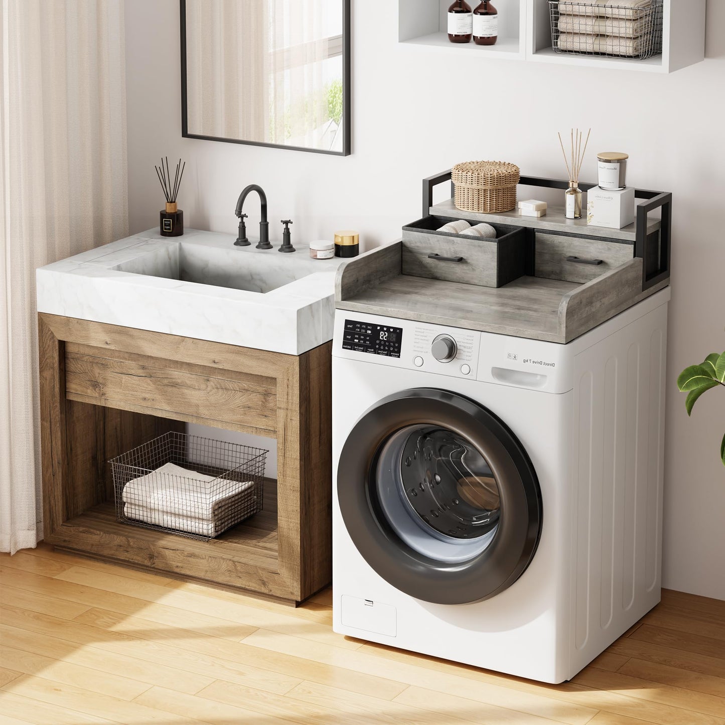 IDEALHOUSE 2-Tier Washer and Dryer Countertop with Shelf or Drawers, Laundry Countertop Cover with Non-Slip Pad, 54"X27.5" Laundry Topper for Folding Clothes Over Washer and Dryer-Grey