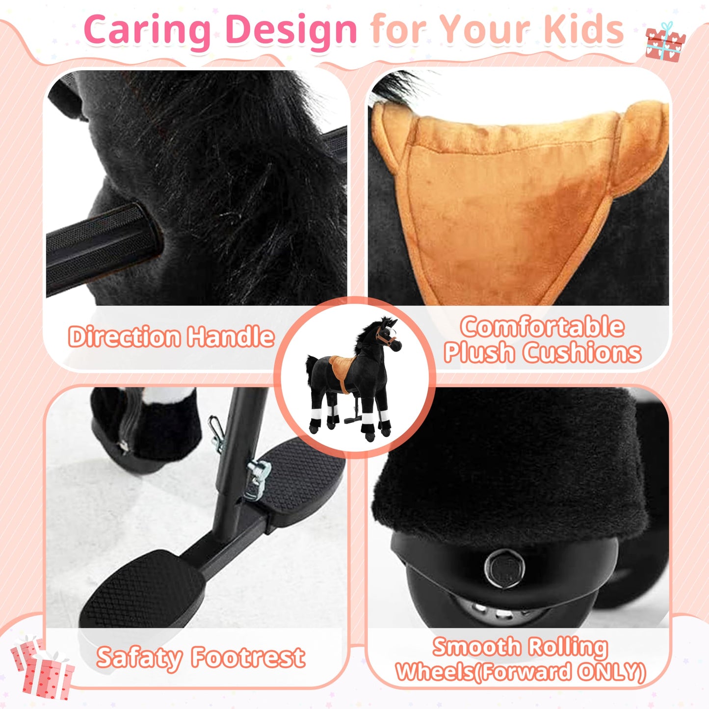 Pipleo Ride on Horse for Big Kids, Riding Horse Rider Mechanical Walking Action Plush Animal for 4 to 9 Years, No Battery or Electricity, Max Load 165 LBS Black