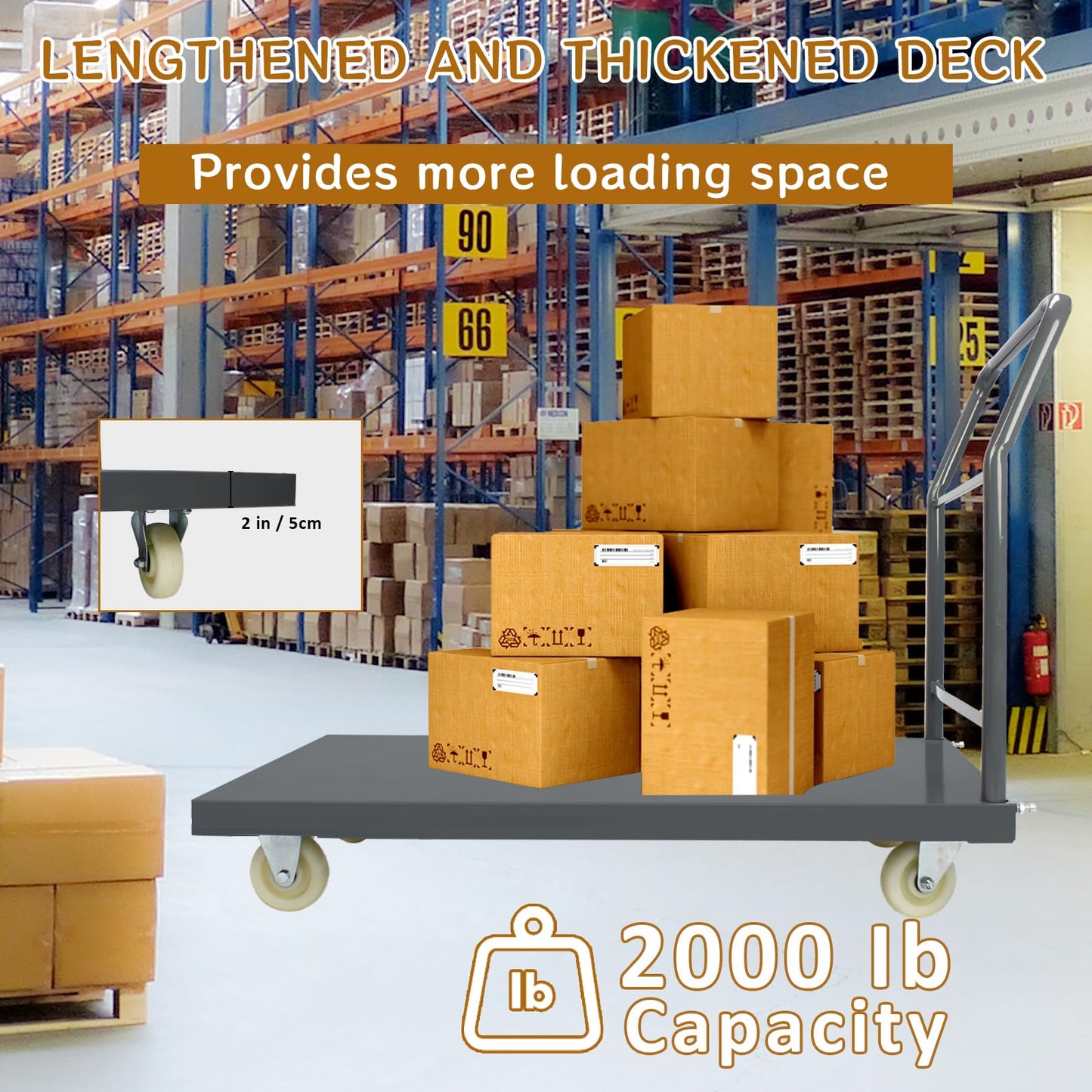 30"x60" Heavy Duty Flatbed Platform Cart 2000 lbs, Steel Rolling Platform Truck with Removable Handle and Swivel Wheels, Industrial Flat Dolly Cart for Warehouse, Office, Luggage Transport