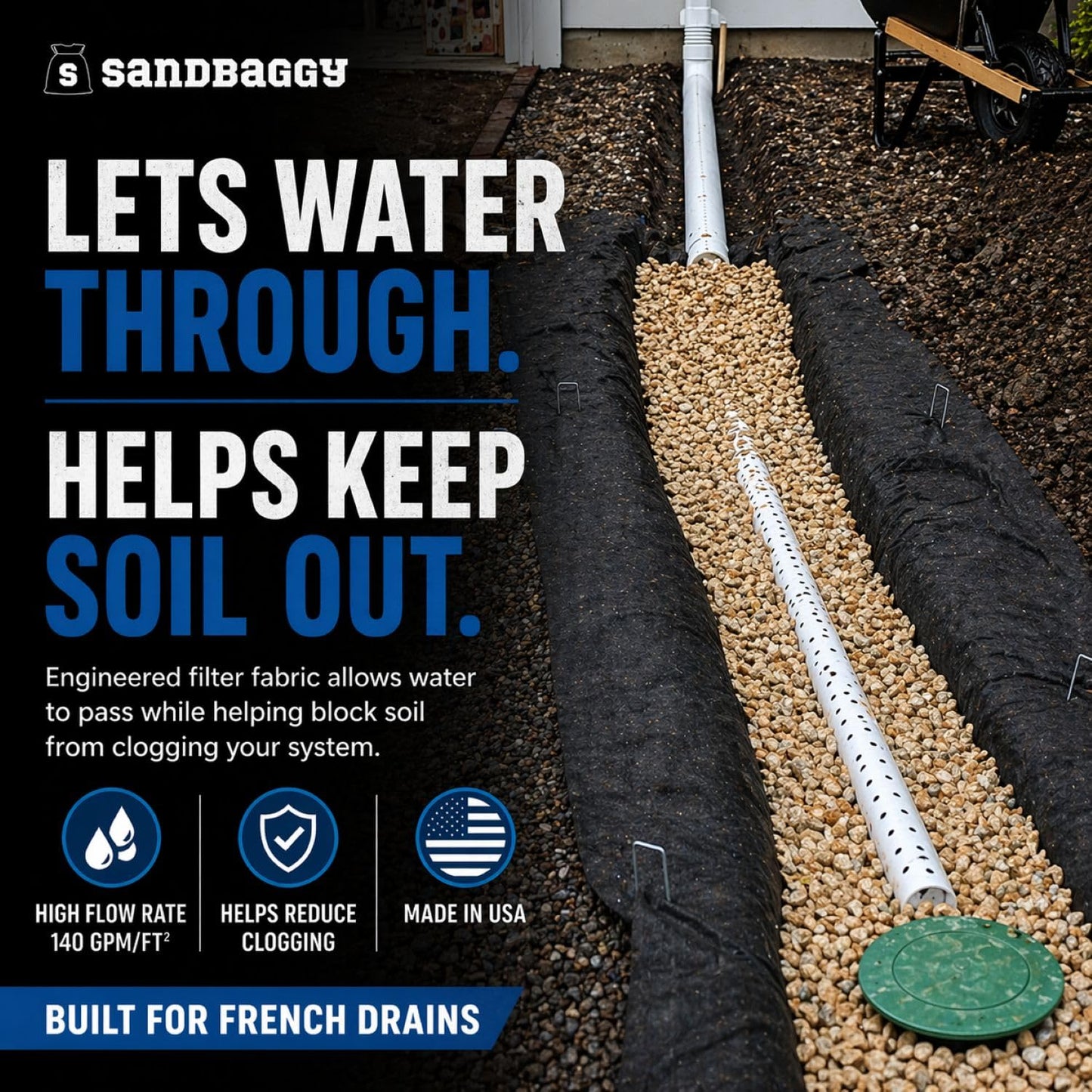 Sandbaggy French Drain Filter Fabric | Non-Woven Geotextile Landscape Fabric (4 oz) – Water Permeable, Porous Drainage Geo Fabric for Clay Soil & Landscaping – USA Made (6 ft x 100 ft Roll)