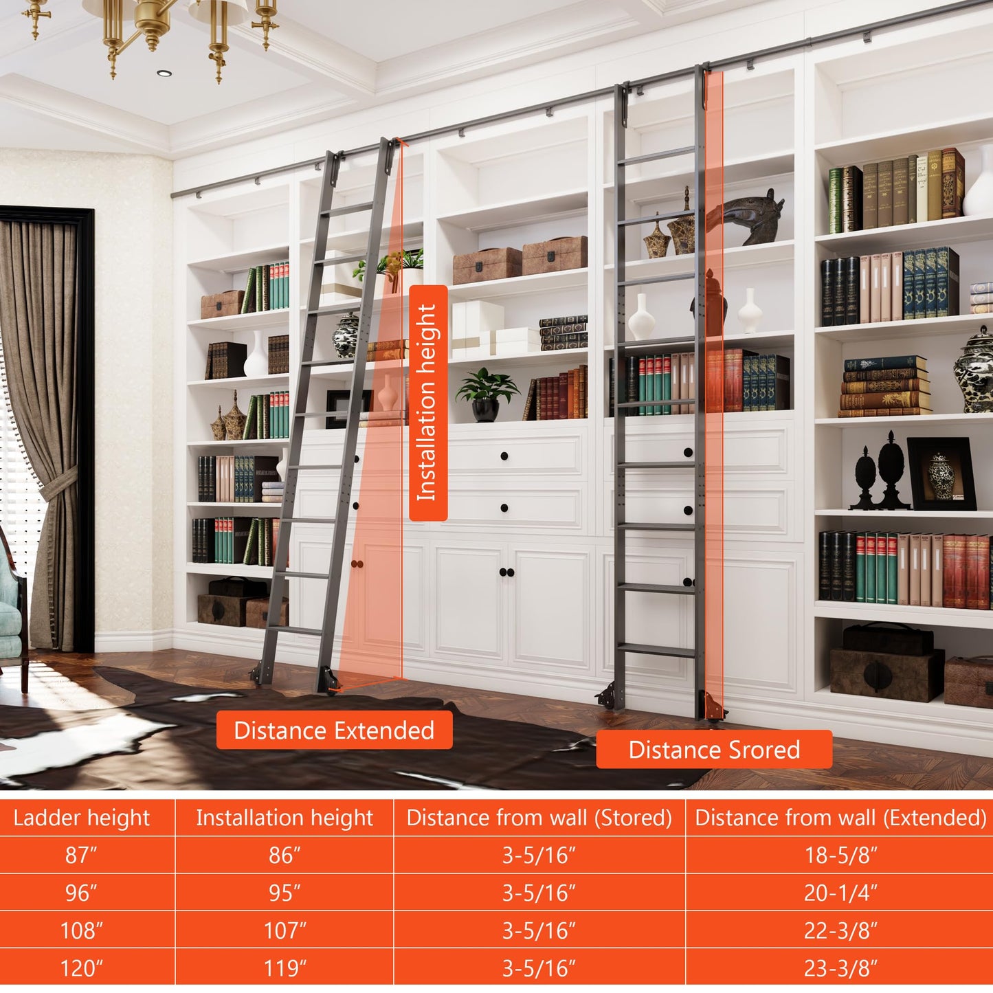 87" Sliding Library Ladder, Black +8FT Rolling Track Kit