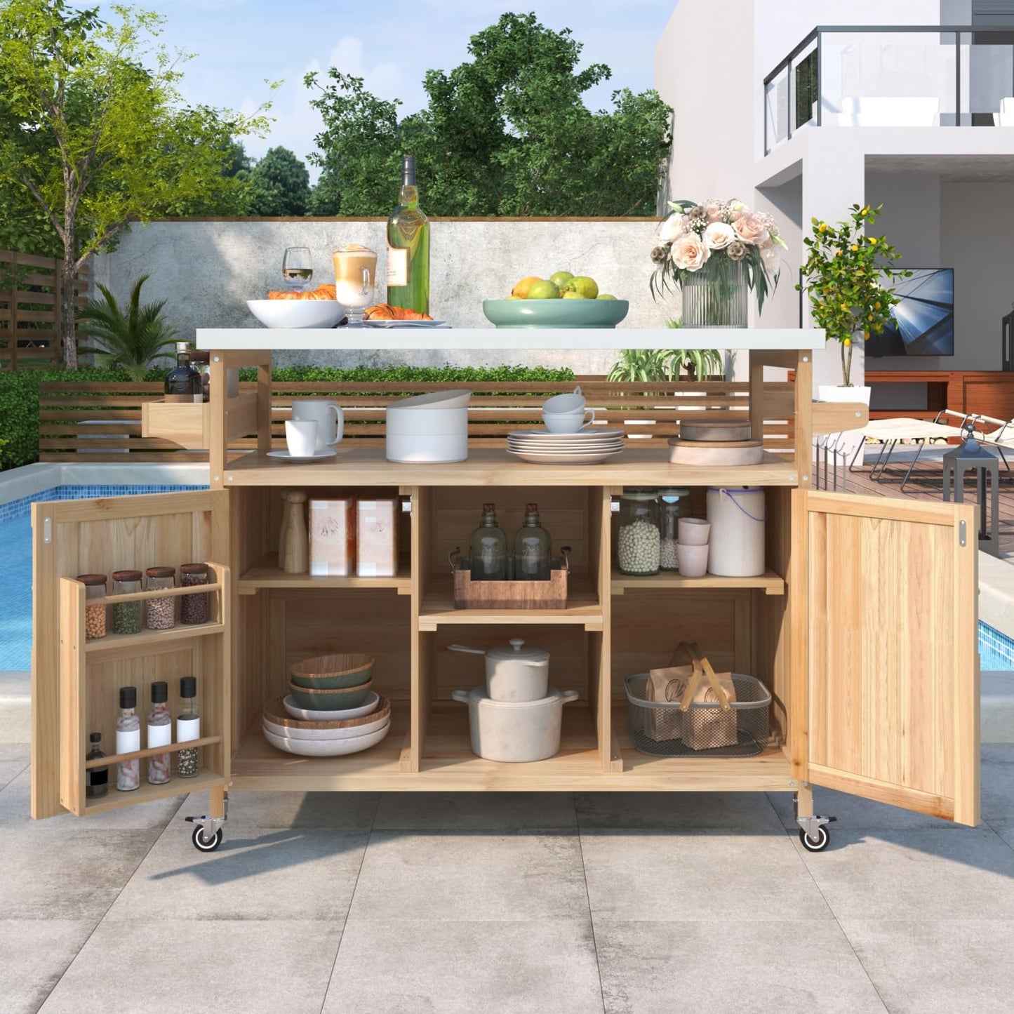 DFCHLDA Outdoor Kitchen Island Rolling Bar Cart & Storage Cabinet, Farmhouse Solid Wood Grill Table with Stainless Steel Top, Spice Rack & Towel Rack for Kitchen & BBQ(Natural, 50.25inch)