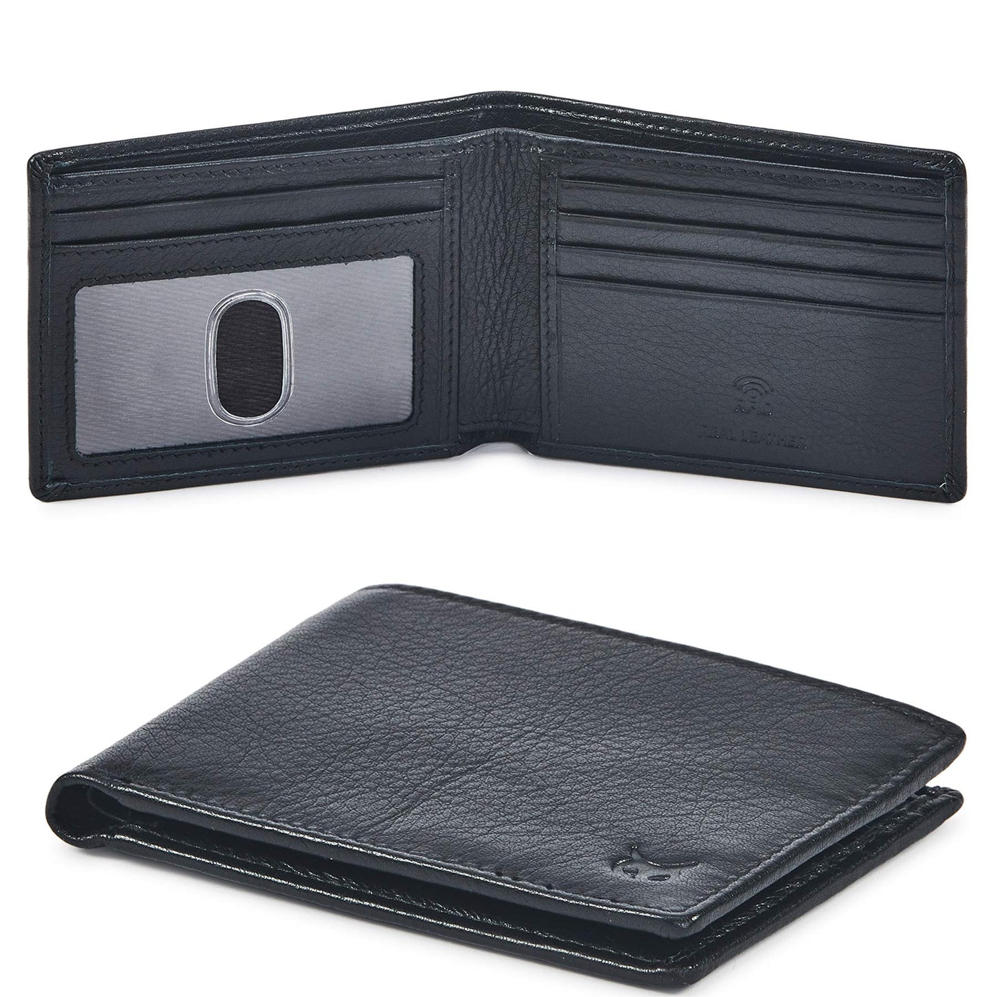 Real Leather Mens Bifold Wallet RFID Blocking Slim Minimalist Front Pocket - Thin & Stylish with ID Window in Gift Box (Nappa, Black)