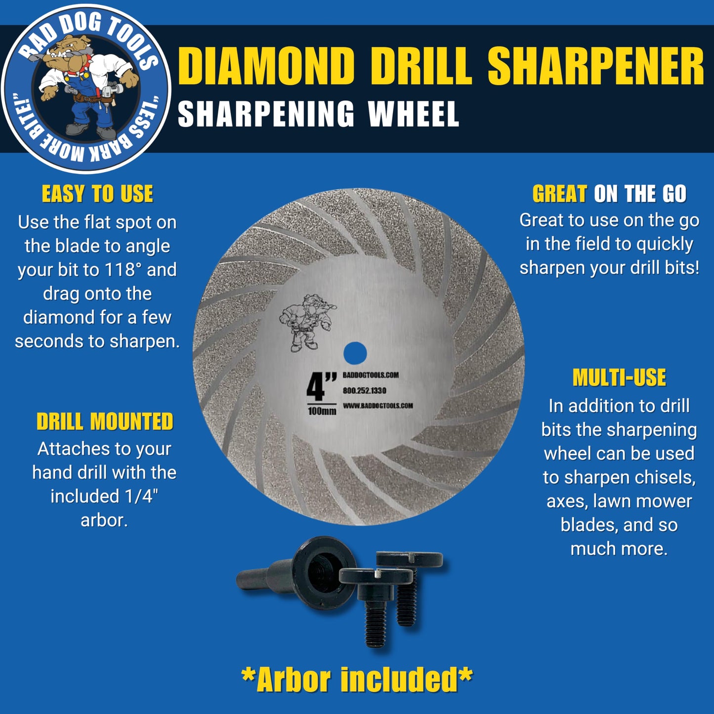 Bad Dog Multipurpose Drill Bits (14 Piece) Complete Package: Includes 14 Piece Drill Bits, Biter Kit, 4.5" Flange Disc HDII, Diamond Sharpener Wheel and Dried Drool Wax