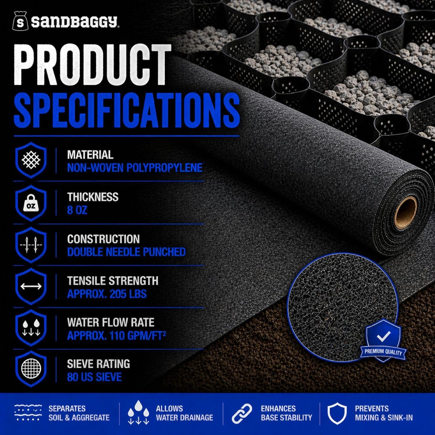 Sandbaggy Geogrid & Geocell Underlayment Fabric | Non-Woven Geotextile (8 oz) – Soil Stabilization for Driveways, Roads & Gravel – Erosion Control for Slopes & Walls | USA Made (10 ft x 100 ft Roll)