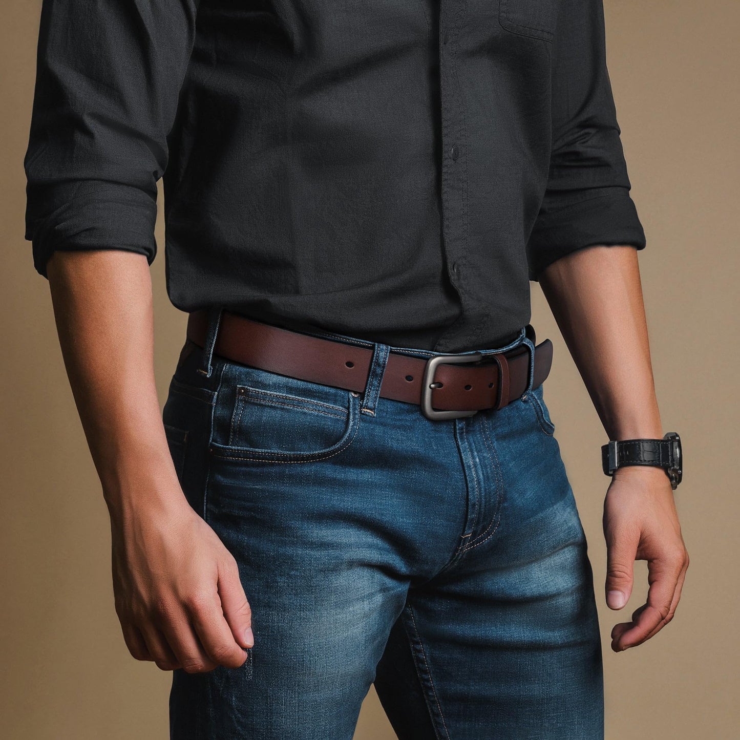Buffway Men's Leather Belt,1.5" Handcrafted Top-Grain Leather – Durable,Comfortable,Suitable for Everyday Formal & Casual Wear - Size 38" Coffee