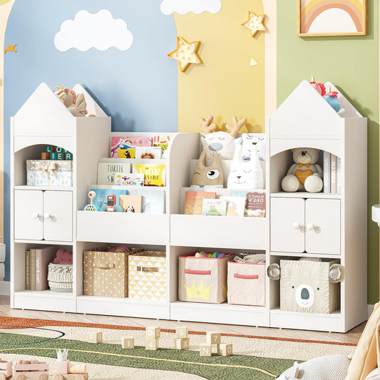 Halitaa Castle Shape Children's Bookshelf, Kids Bookcase Display Case Kids Toy Storage Organizer Multifunctional Storage Cabinet Bookshelf Suitable for Playroom, Children's Room, Living Room, White