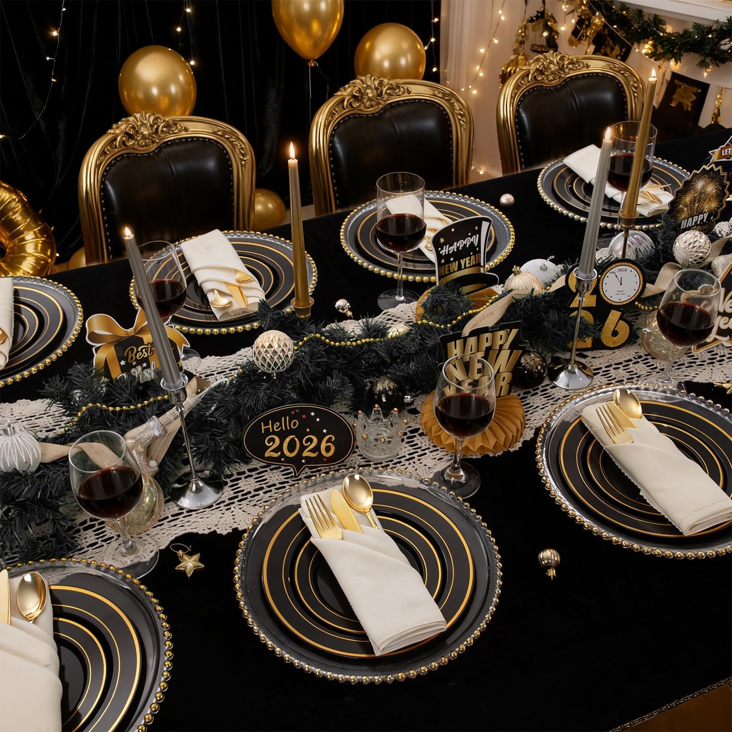 350 Pieces Black and Gold Plastic Plates with Disposable Silverware, Include 50 Dinner Plates 9”, 50 Dessert Plates 6.3”, 50 Black Cups 9 OZ, 50 Pre Rolled Napkins for Wedding Party Graduation