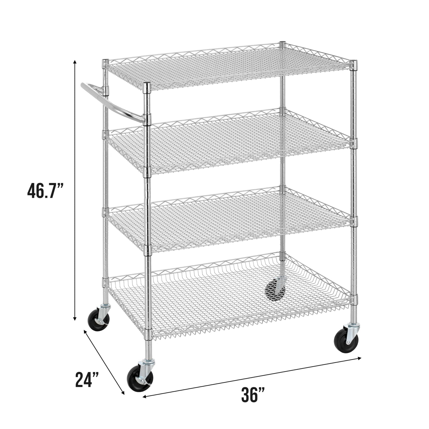 Finnhomy 4 Tier Heavy Duty Commercial Grade Rolling Cart with Handle Bar, Metal Wire Utility Cart with Wheels, Service Trolley on Wheels, Shelf Size 24" D x 36" W, NSF, Chrome