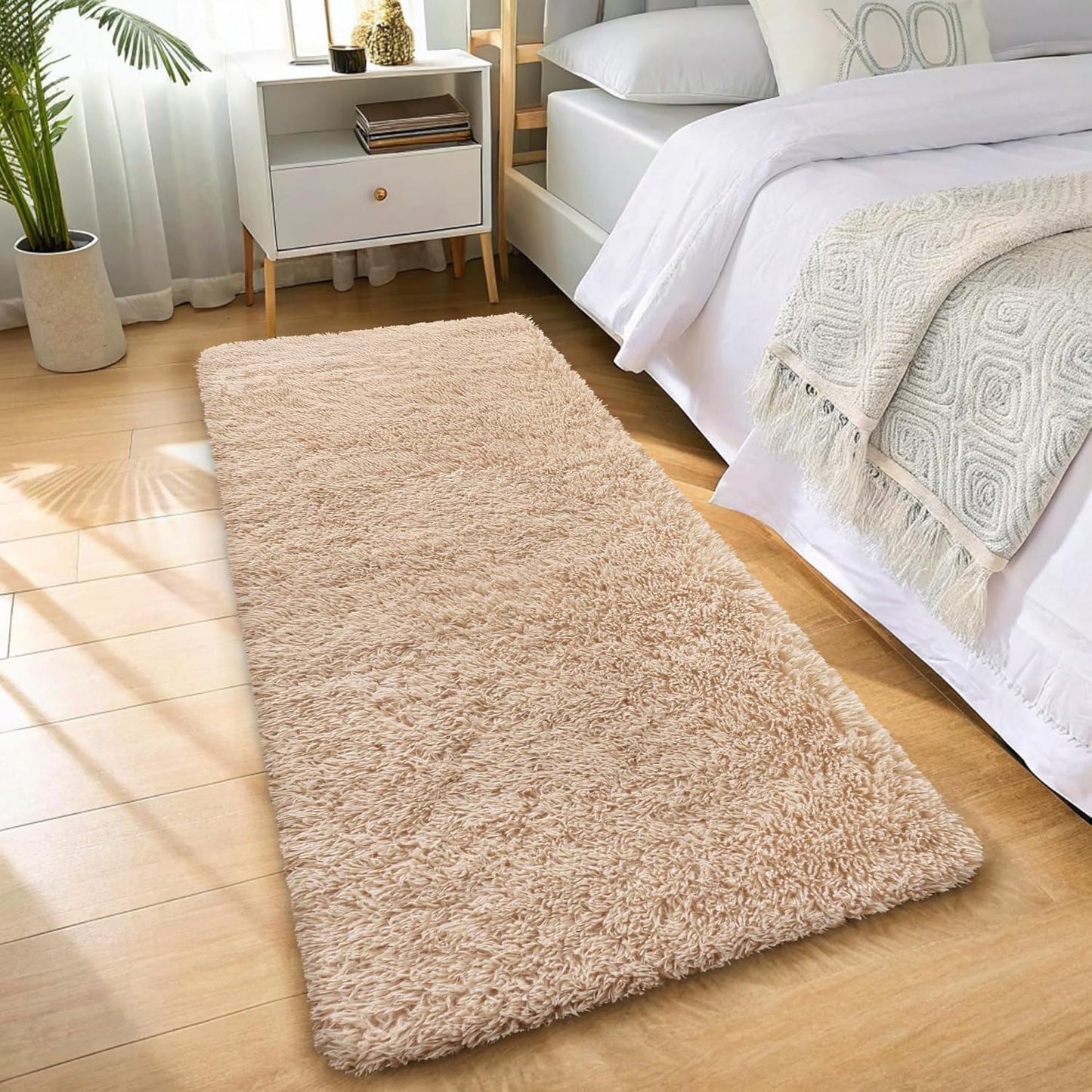 OLANLY Machine Washable Runner Rugs - Soft Fluffy Shaggy Indoor Carpet for Bedroom & Hallway | Beige