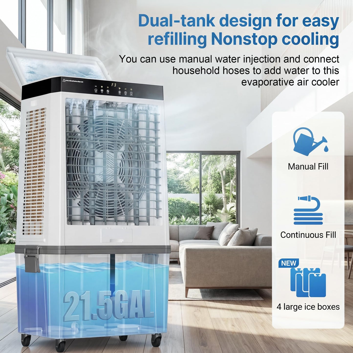 AKIRES 45" Large Swamp Cooler,5100 CFM Evaporative Air Cooler,16.5 Gal Water Tank Portable Air Cooler,120°Oscillation with Remote Control,12H Timer,3 Modes & Wind Speeds for Outdoor Indoor Use,Black