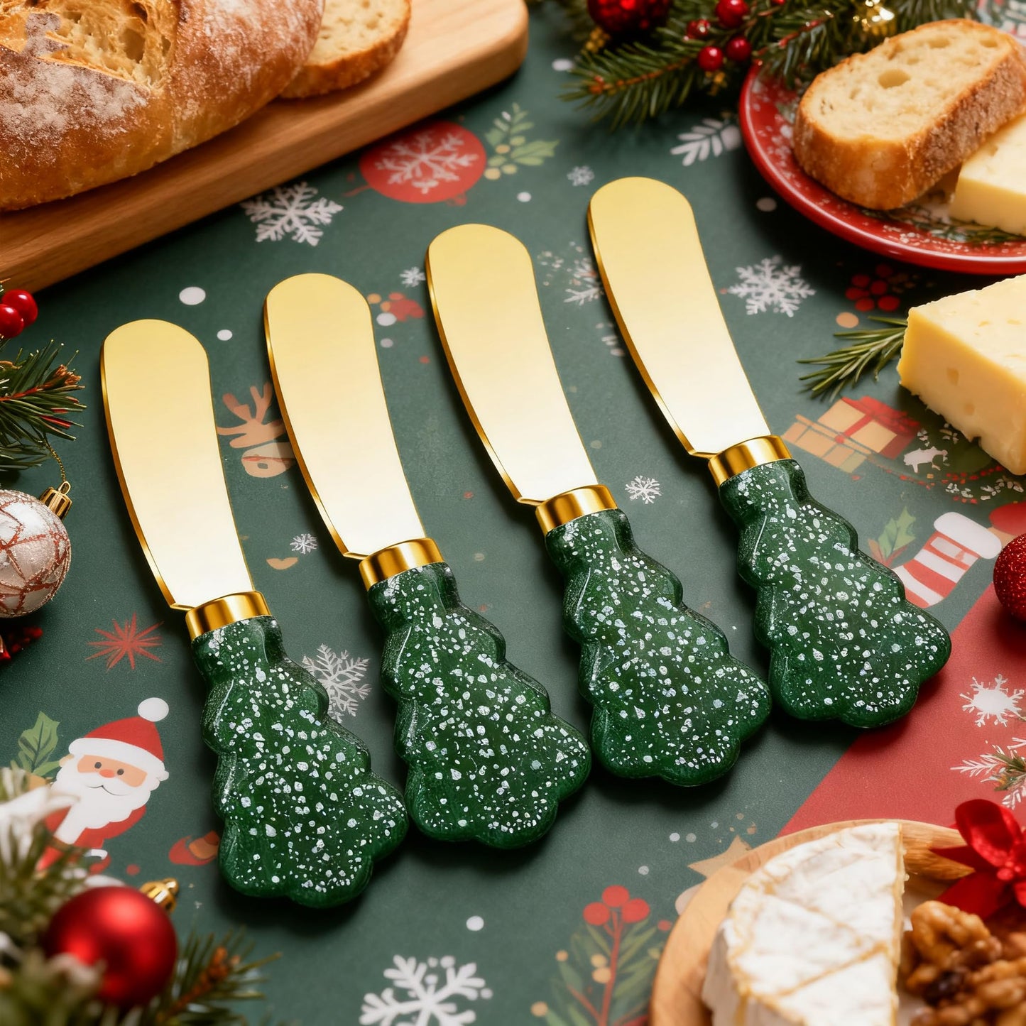 Christmas Tree Spreader Knife Set, Gold Stainless Steel Butter Knives, Holiday Serving Utensils for Cheese Jam, Gift for Home Bakers, 4-Piece