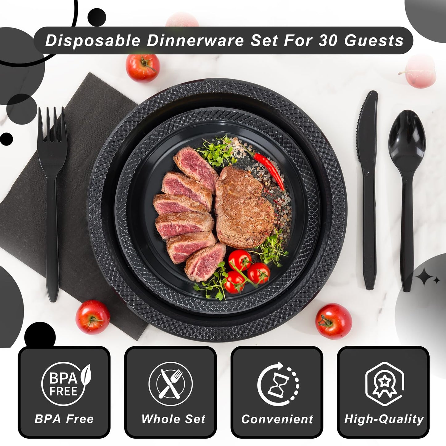 WELLIFE 210 PCS Black Plastic Plates for 30 Guests - Disposable Dinnerware Set Including Dinner Plates, Dessert Plates, 12oz Cups, Cutlery & Napkins, Black Disposable Plates for Party and Birthdays