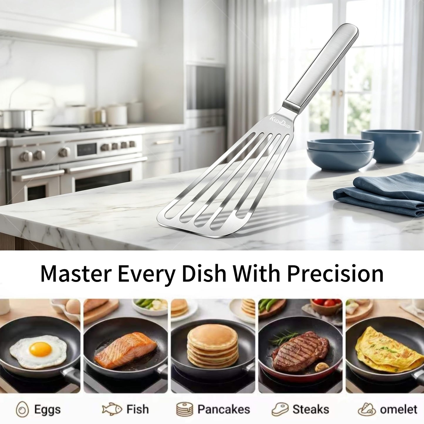 KSENDALO Thin Fish Spatula Stainless Steel -Flexible Slotted Egg Flipper with Angled Blade & Comfortable Hollow Grip, Metal Turner for Fish Egg Omelettes Pancakes, All Cookware, Dishwasher Safe