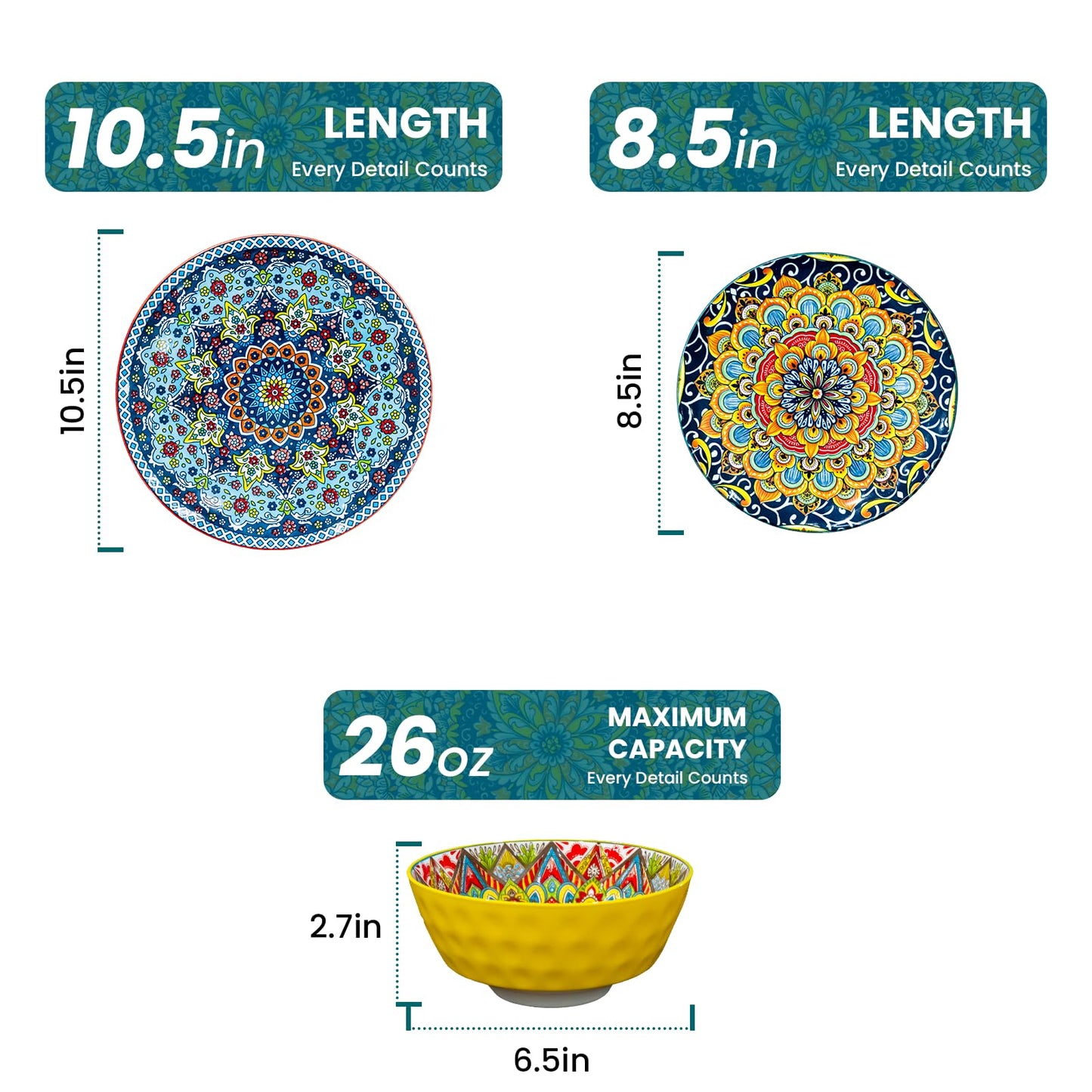 Romatlink 12 Pieces Dinnerware Sets, Ceramic Plates and Bowls Set, Microwave and Dishwasher Safe, Scratch Resistant, Bohemian Style Dishware Set, Service for 4