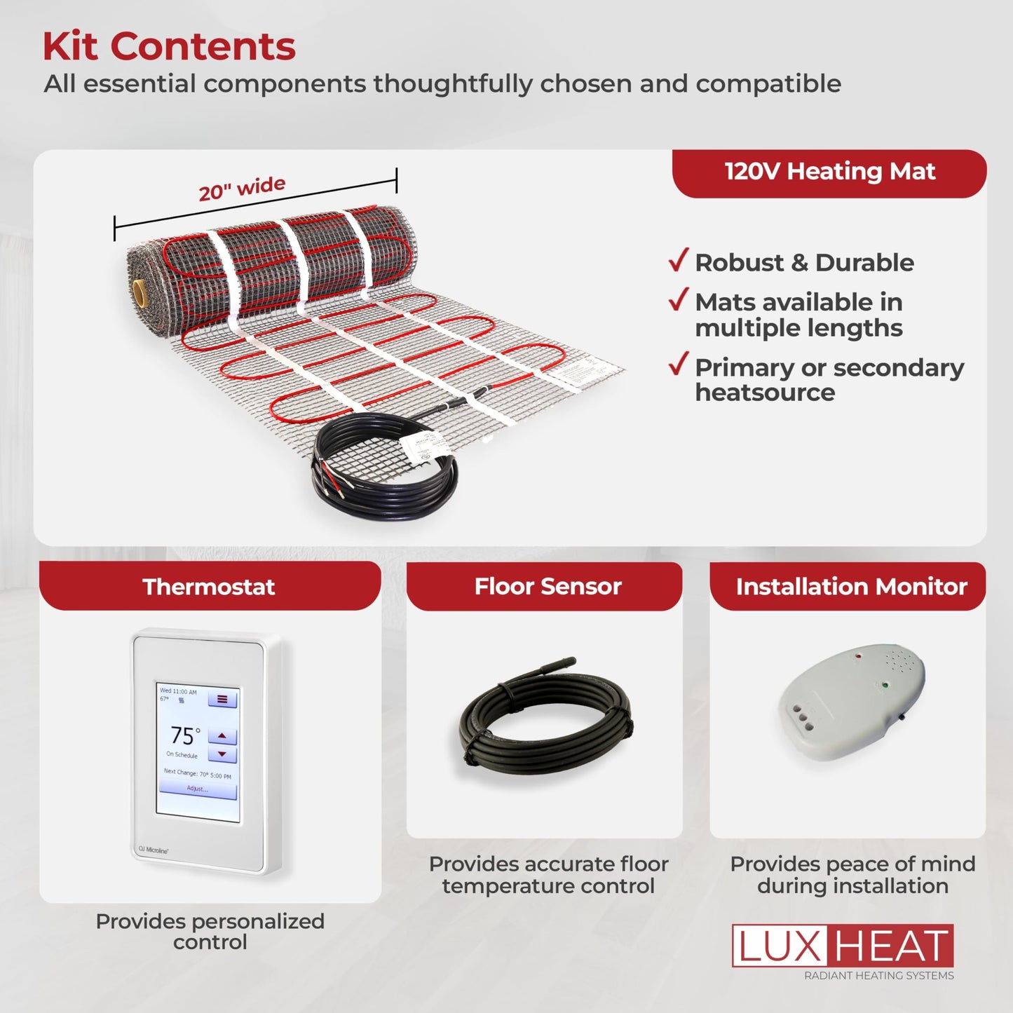 LuxHeat 30sqft Floor Heating Mat Kit - 120v Under Tile Floor Heating System - Complete Electric Radiant Heated Flooring System Includes Alarm, UDG4 Programmable Thermostat w/GFCI & Flooring Sensor