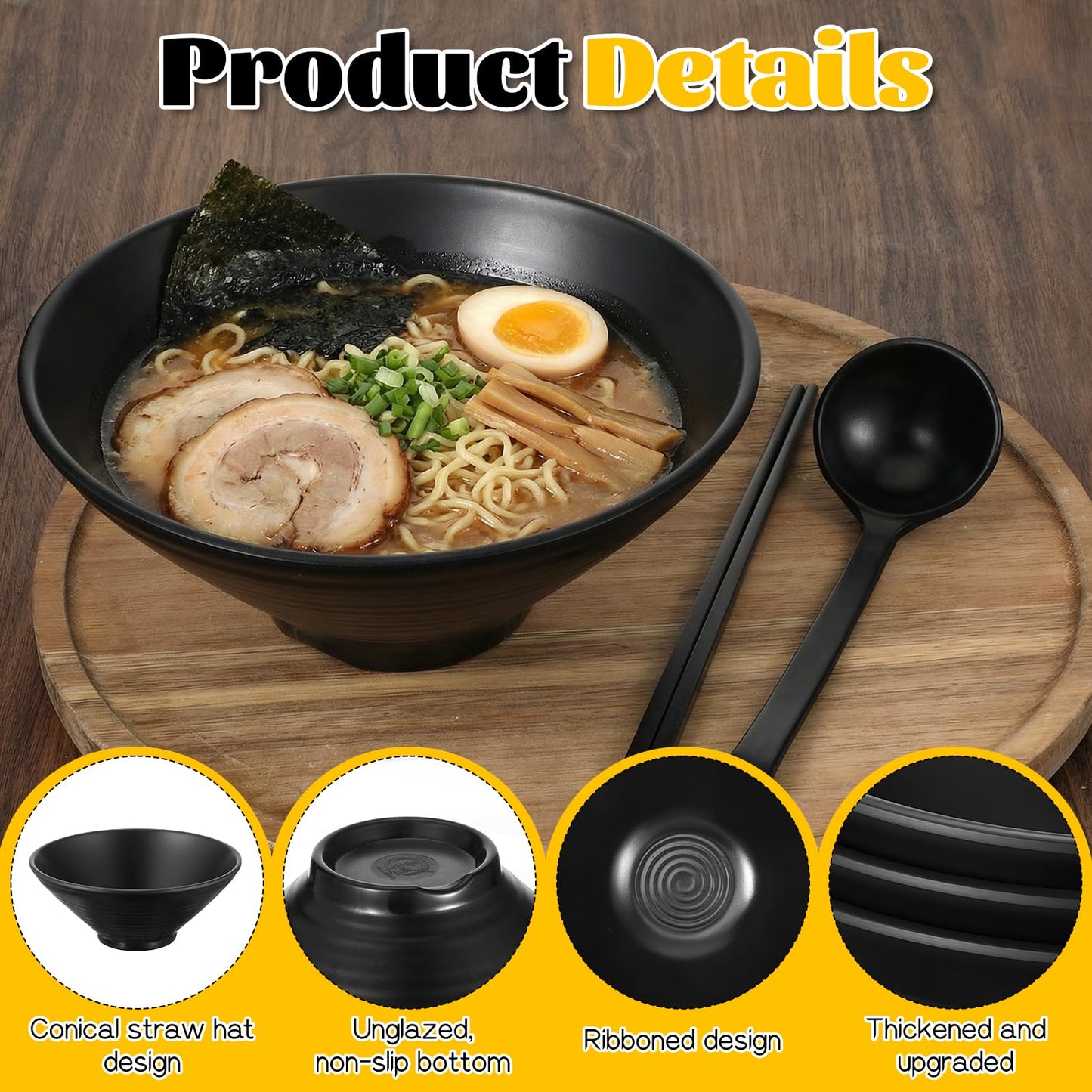 Lyksgir Set of 4 Ramen Bowl Sets, Japanese Style Melamine Bowls and Spoons Set, Black Large Noodle Soup Bowls Sets with Spoons and Chopsticks for Pho Thai Udon Soup Noodles Rice (Black 54 oz)