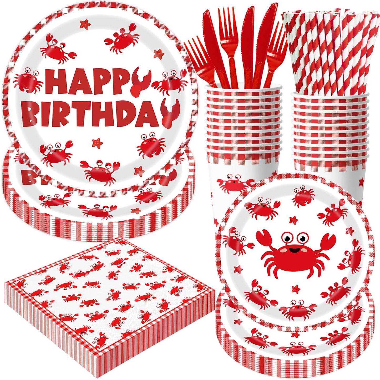 140Pcs Crab Birthday Party Decorations for 20 Guests Tableware Supplies Picnic BBQ Crabs Seafood Boil Party Plates and Napkins Forks Cups Knives Straws for Kids Baby Shower Birthday Party Decorations