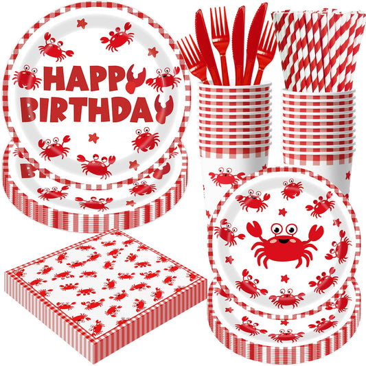 140Pcs Crab Birthday Party Decorations for 20 Guests Tableware Supplies Picnic BBQ Crabs Seafood Boil Party Plates and Napkins Forks Cups Knives Straws for Kids Baby Shower Birthday Party Decorations