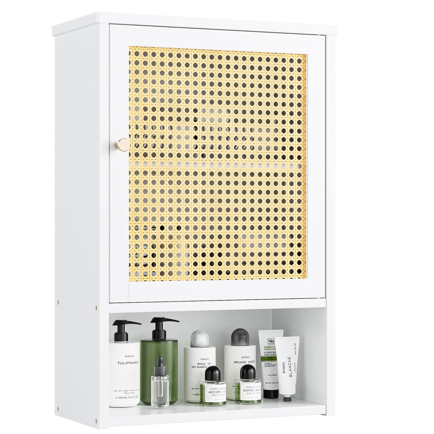 vovala Bathroom Wall Cabinet, Bamboo Over-The-Toilet Storage Organizer with Rattan Doors and Adjustable Shelf, Space Saver Medicine Cabinet for Laundry, Kitchen, Living Room (White)