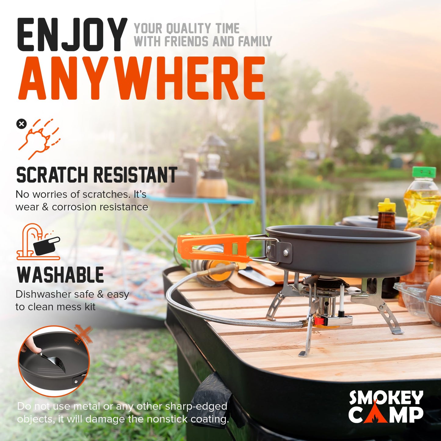 11 Pcs Smokey Camp Backpacking Cooking Set with Stove & Adapter - Pot, Pan, Stove, Cutlery, Compact Camping Cookware Mess Kit for One Person, All in One Non-Stick Camping Cooking Set, Hiking, Picnic