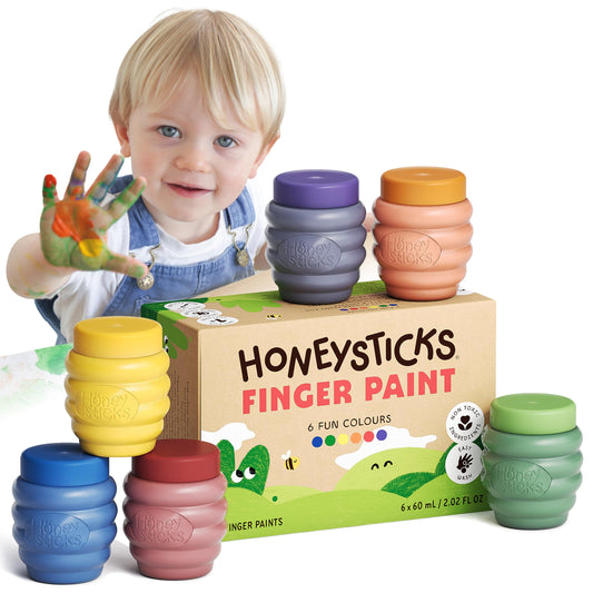 Honeysticks Non Toxic Finger Paint (6 Bright Colors), Washable from Skin, Safe Finger Painting for Toddlers, Kids Ages 1-3, 2-4, 3-5, Perfect First Paint for Little Artists Age 1+, Water Based, Eco