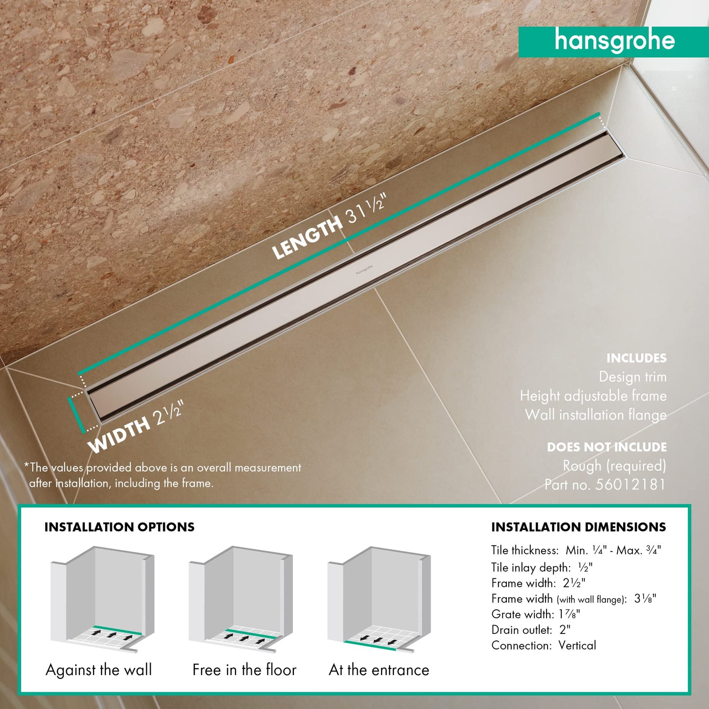 hansgrohe RainDrain Match Linear Tileable Shower Drain for 31 1/2" Rough with Height Adjustable Frame in Brushed Stainless Steel, Stainless Steel Rectangle Shower Floor Drain