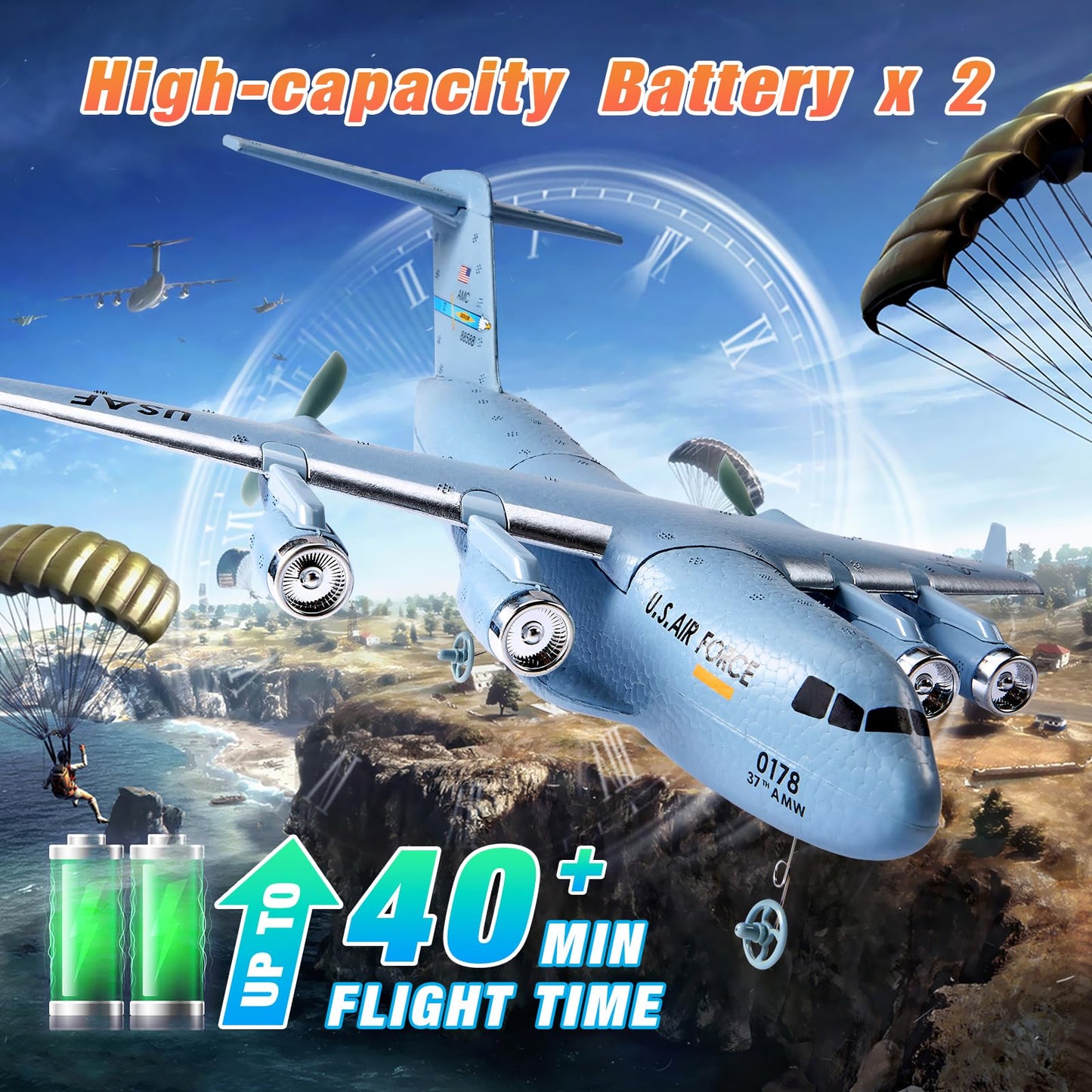 RC Airplane, 2CH RC Plane Ready to Fly, 2.4GHz C-17 Remote Control Airplane with 6-axis Gyro Stabilizer Globemaster III Military Transport Aircraft for Beginners Boys Kids Adults Patent Pending