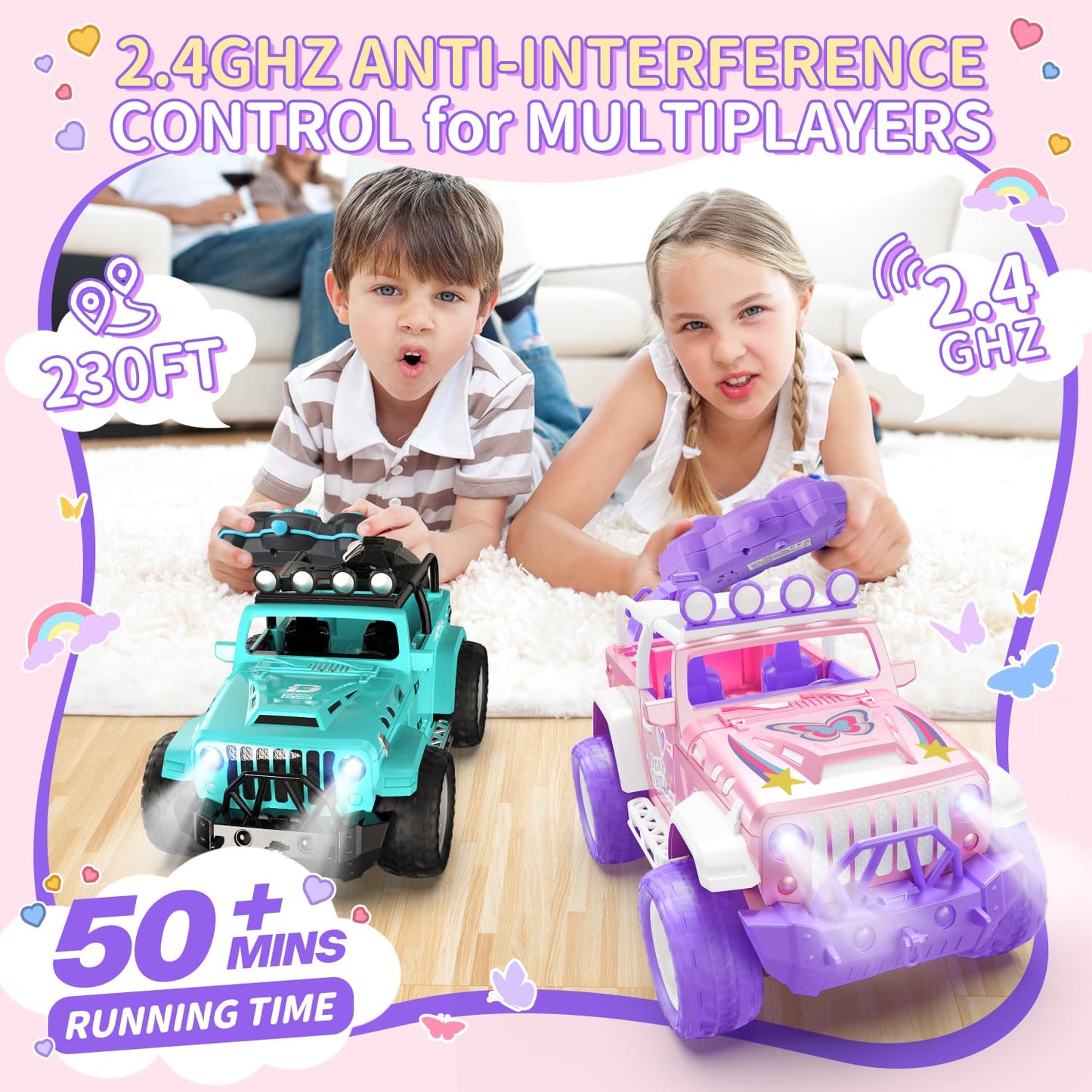DEERC Pink Remote Control Car for Girls with Fog Mist & Music, 1:16 RC Car with LED Lights for Kids, 2.4Ghz All Terrain SUV Truck Gifts, Off-Road Racing Vehicle Toy Car, Girls Toys