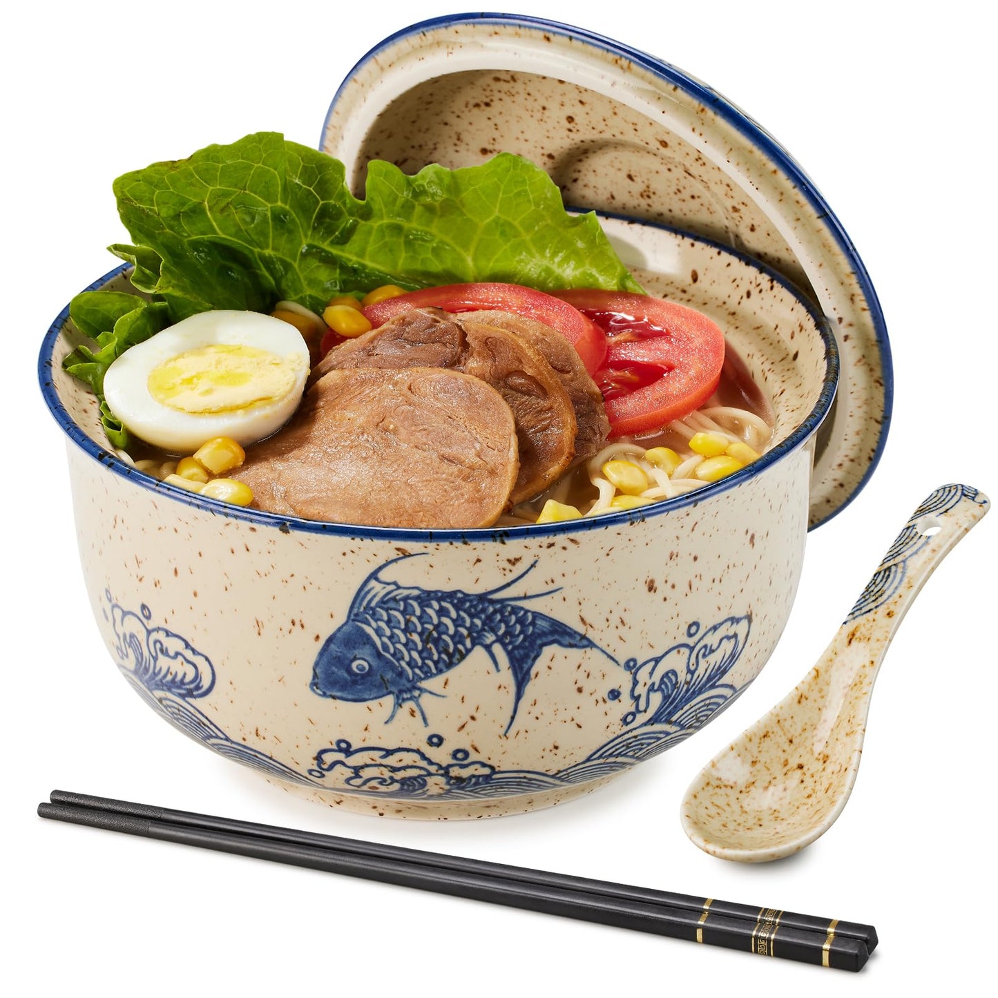 Soyestan Ceramic Ramen Bowl Set,27 Oz Japanese Vintage Large Soup Bowls Instant Noodle Bowl Asian Tableware,with Lid,Spoon and Chopsticks for Microwave & Dishwasher Safe (Fish, 1 Pcs)