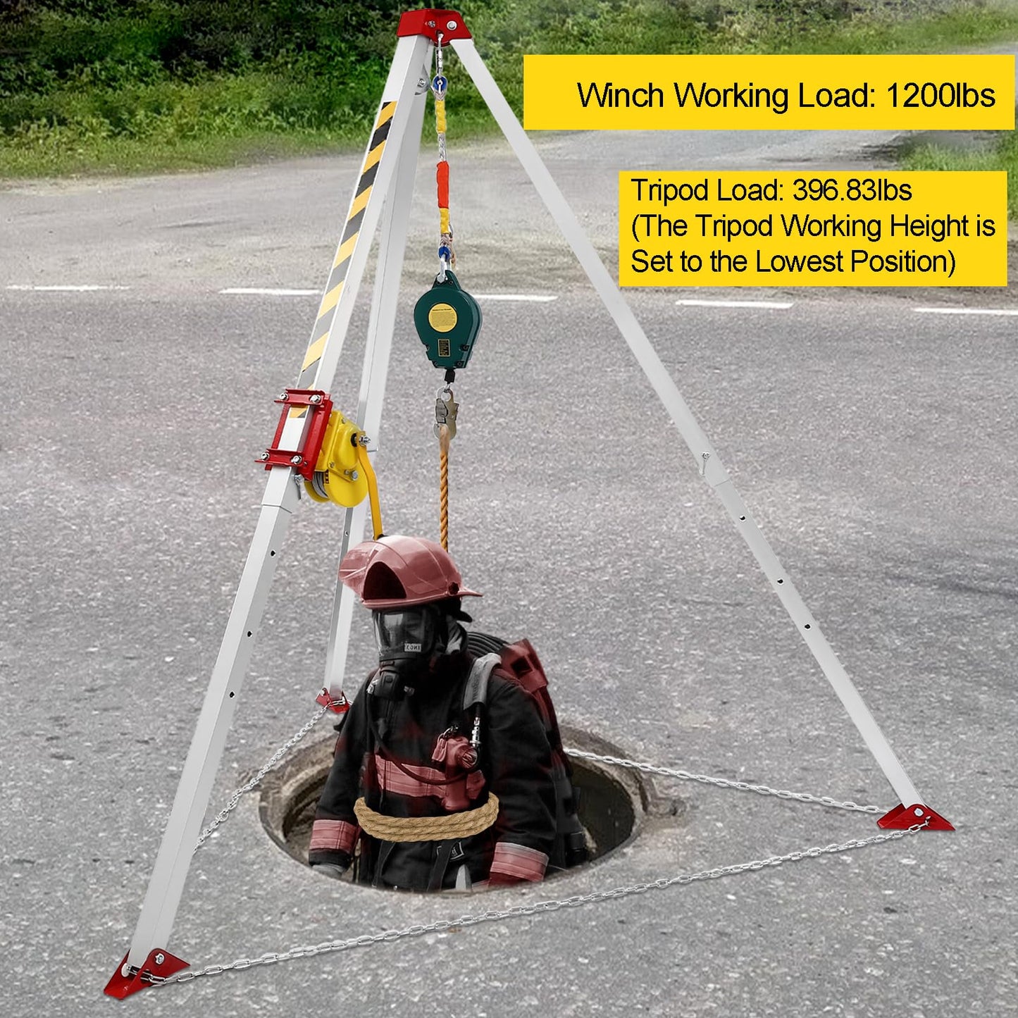 Confined Space Tripod Kit, Tripod Kit with 1200LBS Winch, Confined Space Rescue Tripod | 6.5ft Leg Bracket | 5-6.5ft Working Height | 396.83lbs Tripod Load | 65.62ft Steel Wire Rope Length