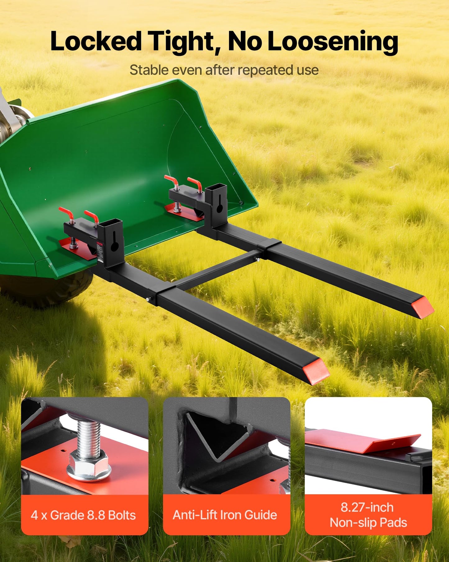 VEVOR Pallet Forks, 4000 lbs Clamp on Pallet Forks, 60-Inch Total Length Heavy-Duty Tractor Fork with Adjustable Stabilizer Bar for Tractor Attachments, Loader Bucket, and Skid Steer, Black